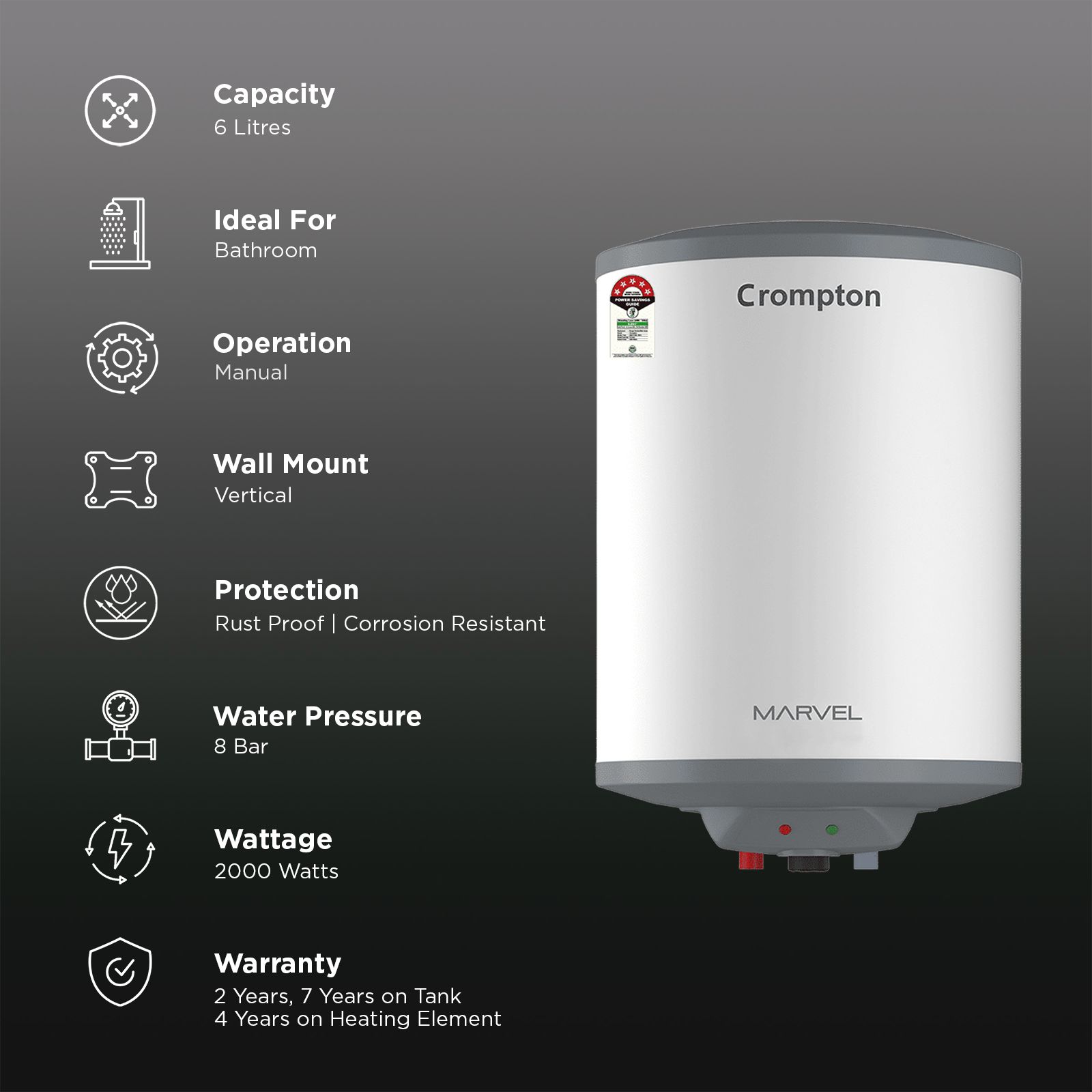 Crompton Marvel 6 Litre Vertical Storage Geyser with Anti-Scale Technology (White)_3