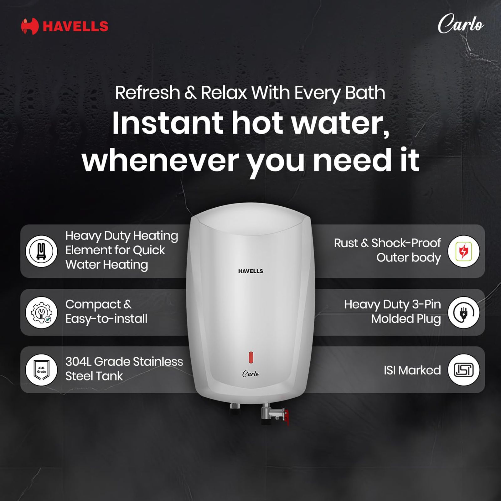 HAVELLS Carlo 5 Litre Vertical Instant Geyser with Heavy Duty Heating Element (White)_8