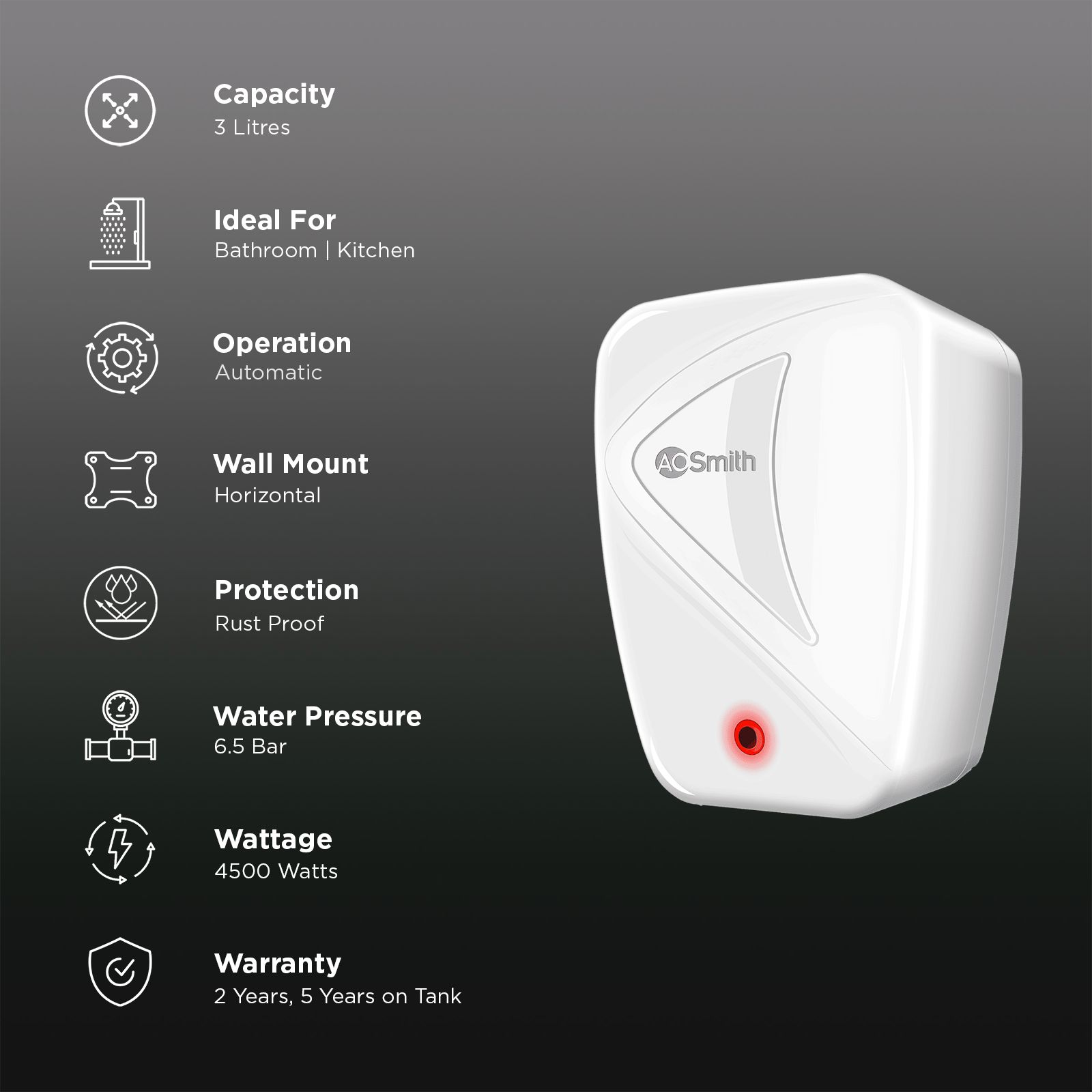 AO Smith InstaPod 3 Litre Instant Geyser with Rust Proof Body (White) AO Smith InstaPod 3 Litre Instant Geyser with Rust Proof Body (White)_3