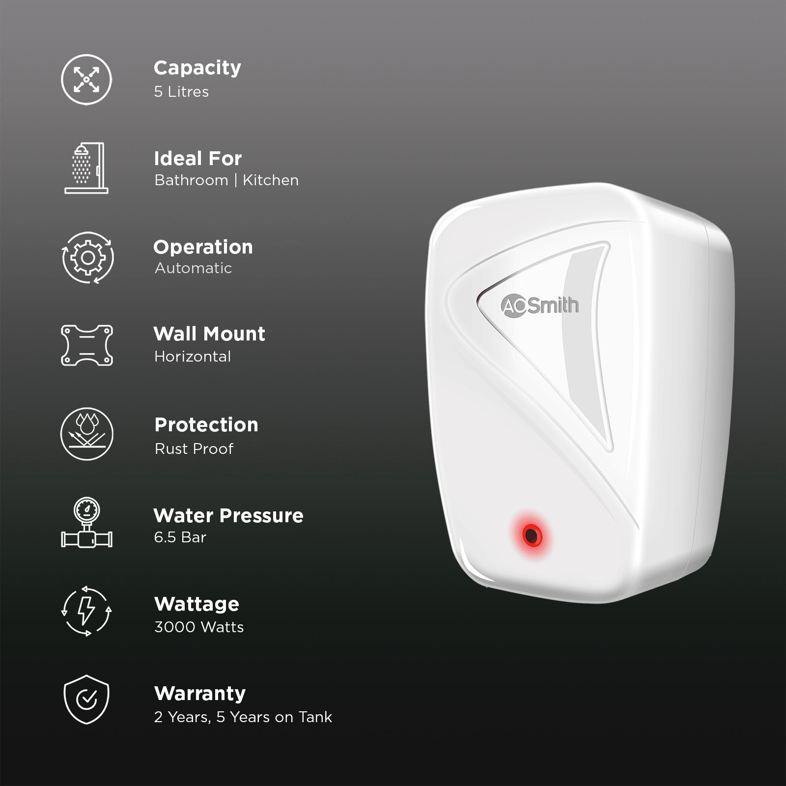 AO Smith InstaPod 5 Litre Instant Geyser with Rust Proof Body (White) AO Smith InstaPod 5 Litre Instant Geyser with Rust Proof Body (White)_3