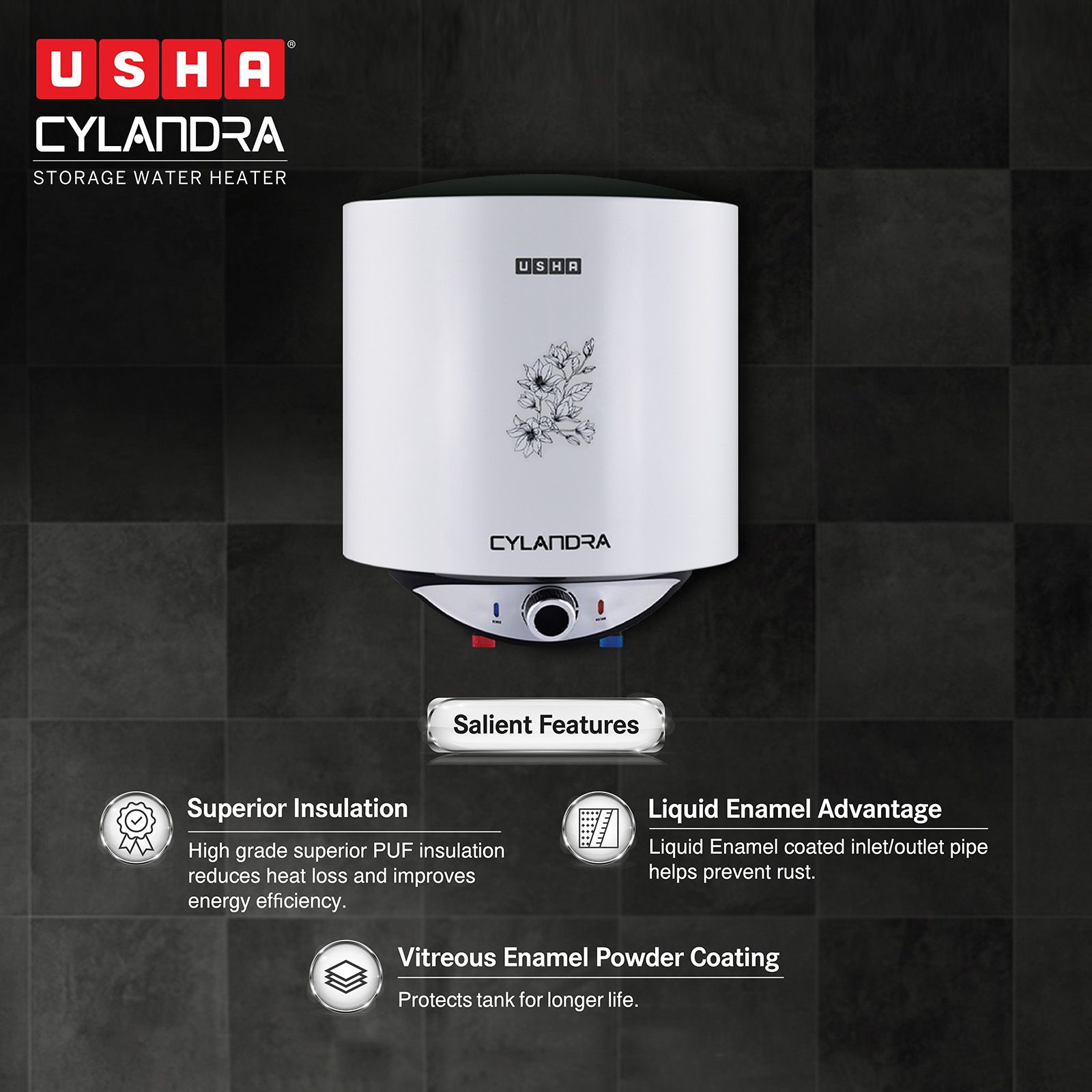 USHA Cylandra 15 Litre 5 Star Vertical Storage Geyser with Whirl Flow Technology (White) USHA Cylandra 15 Litre 5 Star Vertical Storage Geyser with Whirl Flow Technology (White)_5