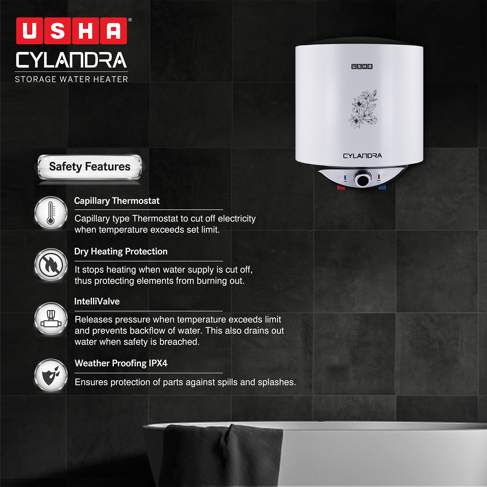 USHA Cylandra 15 Litre 5 Star Vertical Storage Geyser with Whirl Flow Technology (White) USHA Cylandra 15 Litre 5 Star Vertical Storage Geyser with Whirl Flow Technology (White)_4