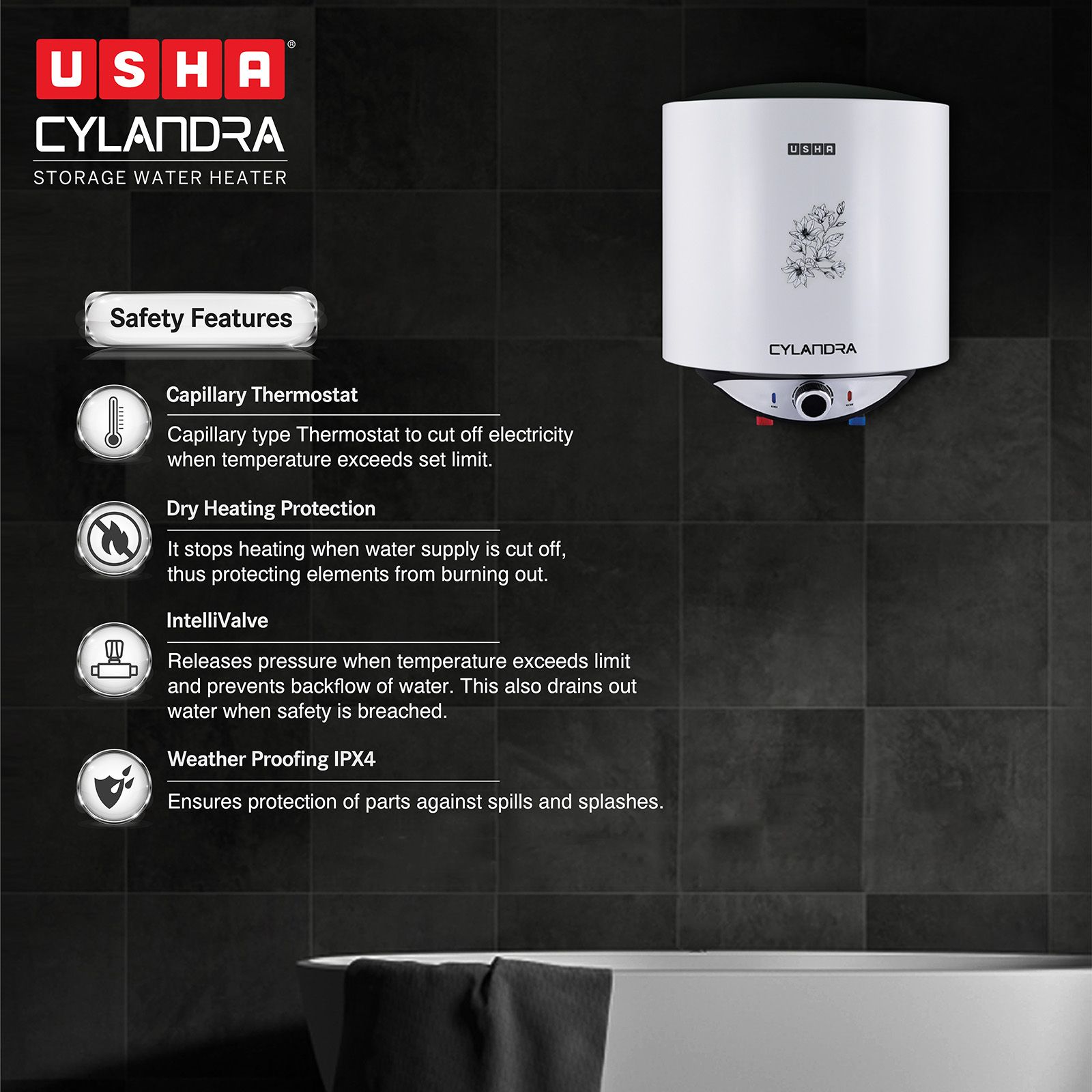 USHA Cylandra 25 Litre 5 Star Vertical Storage Geyser with Whirl Flow Technology (White) USHA Cylandra 25 Litre 5 Star Vertical Storage Geyser with Whirl Flow Technology (White)_4