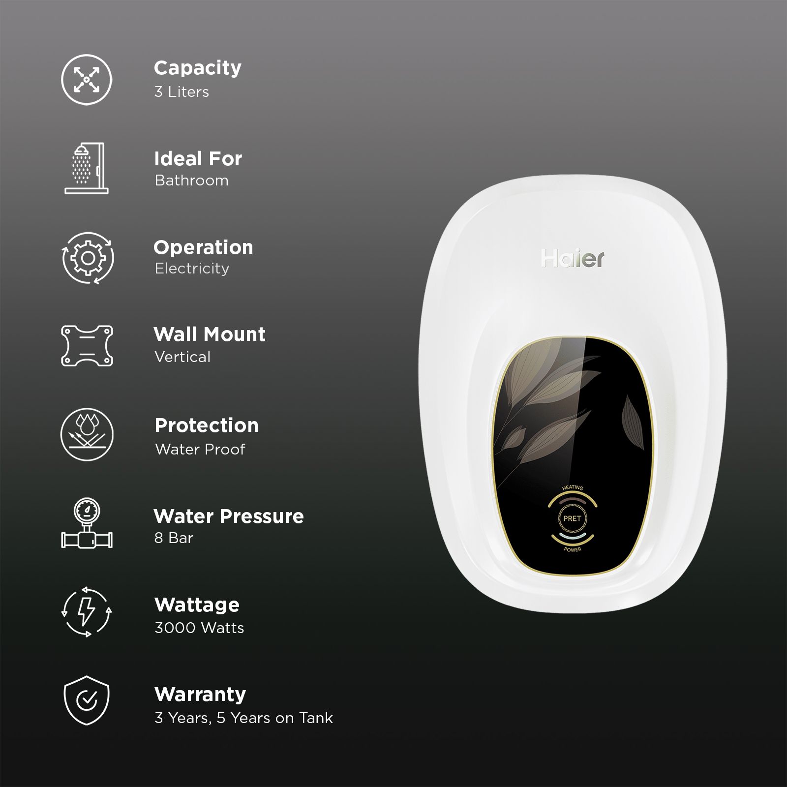Haier EI3V-PRET 3 Litre Vertical Instant Geyser with TTS Technology (White) Haier EI3V-PRET 3 Litre Vertical Instant Geyser with TTS Technology (White)_3