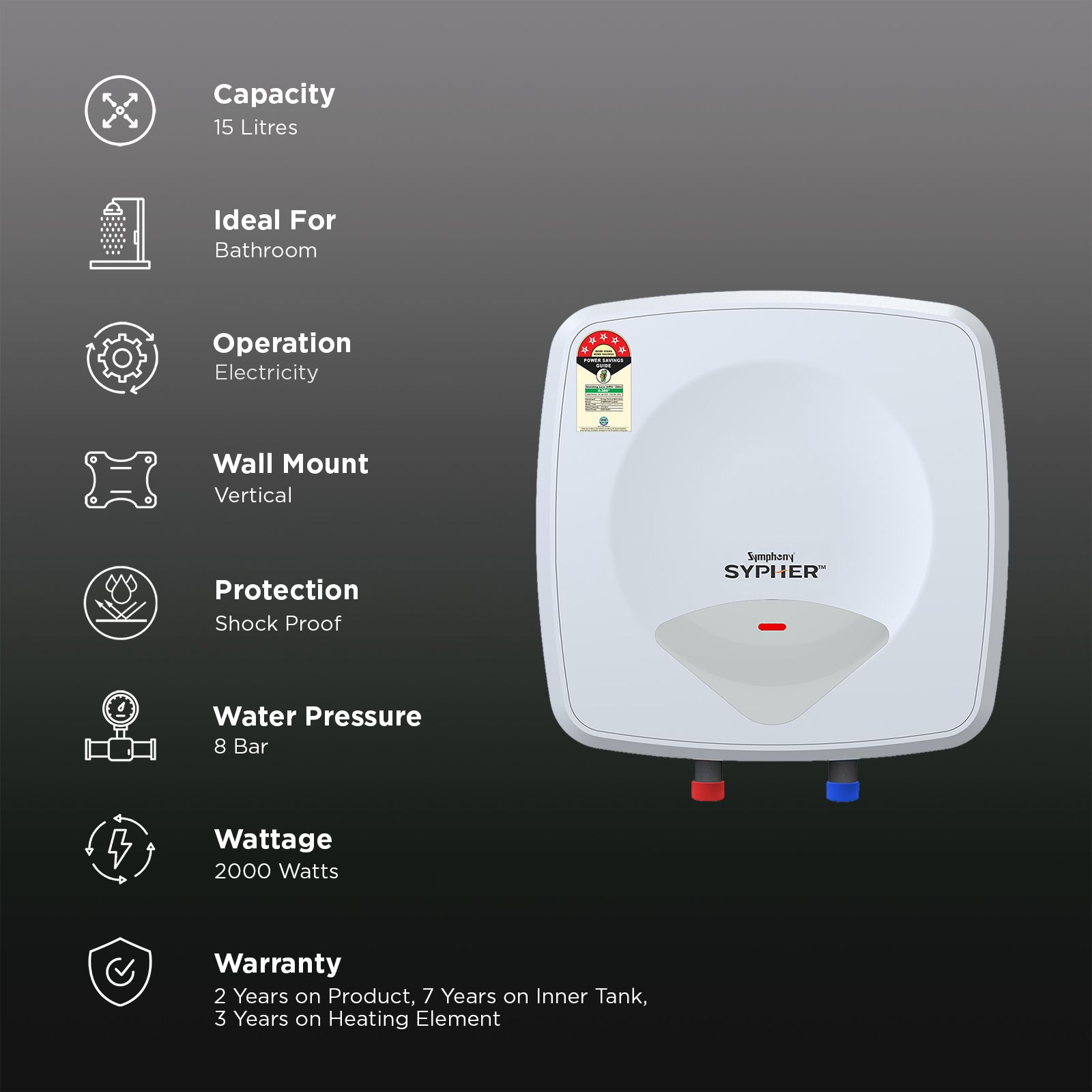 Symphony Sypher 15 Litre 5 Star Vertical Storage Geyser with Safety Valve (White) Symphony Sypher 15 Litre 5 Star Vertical Storage Geyser with Safety Valve (White)_3