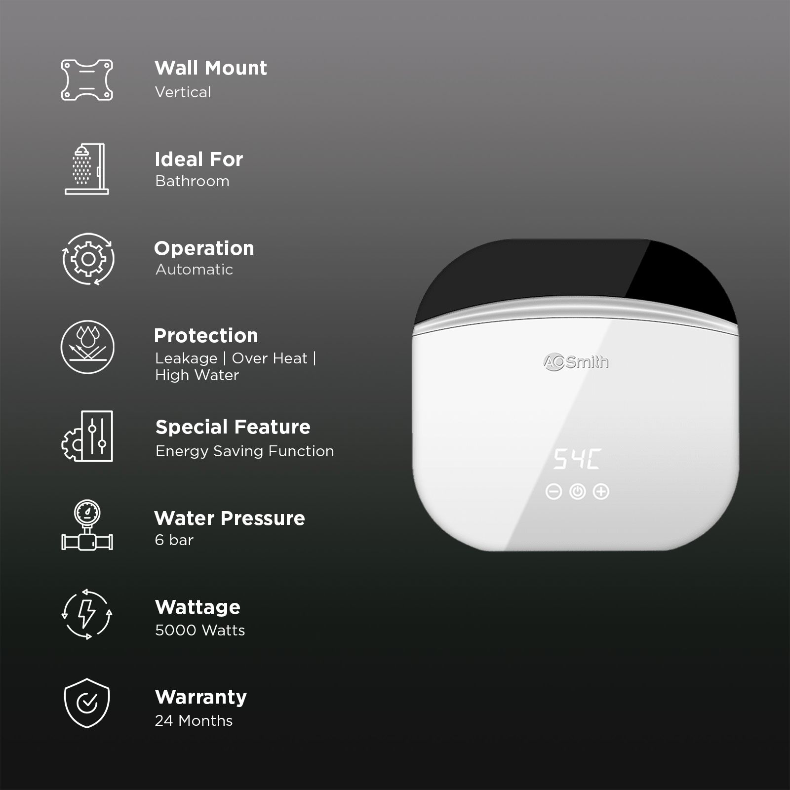 AO Smith ZIP Vertical Geyser with Feather Touch Smart Display (White)_3