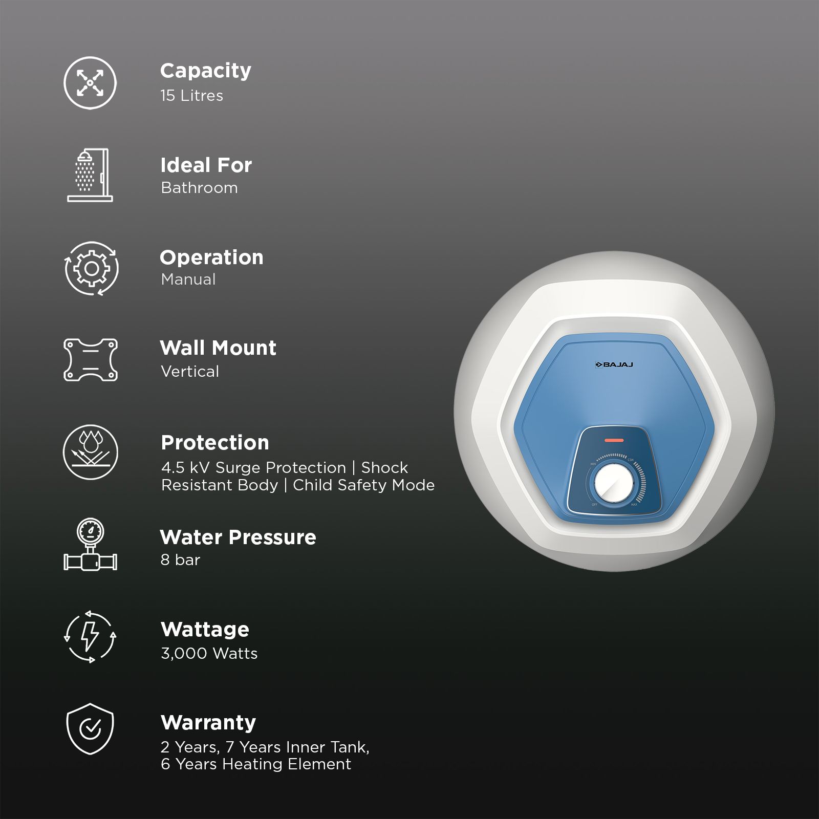 BAJAJ Armor Series Contempo 15 Litre 5 Star Vertical Storage Geyser with Swirl Flow Technology (White & Blue) BAJAJ Armor Series Contempo 15 Litre 5 Star Vertical Storage Geyser with Swirl Flow Technology (White & Blue)_3