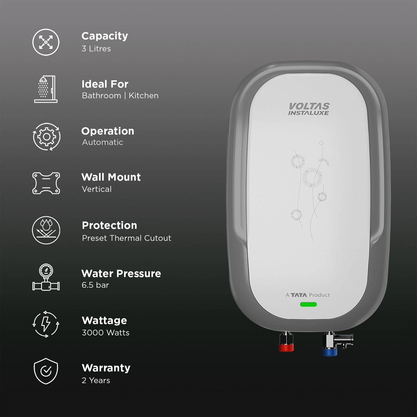 VOLTAS INSTALUXE 3 Litre Vertical Instant Geyser with 100% Copper Element (White & Metallic Grey)_3