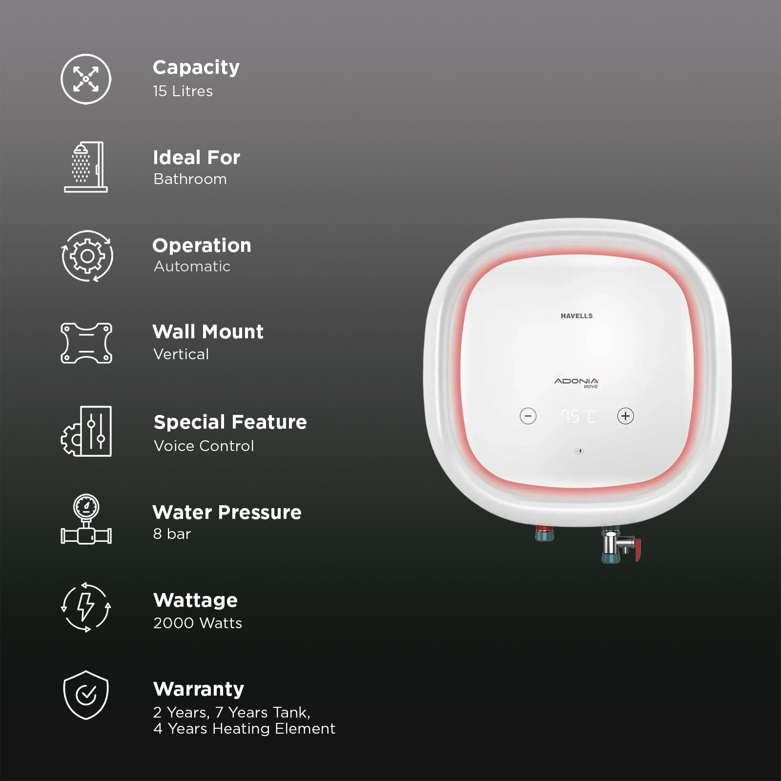 HAVELLS Adonia Wave 15 Litre 4 Star Vertical Storage Geyser with Voice Control (White) HAVELLS Adonia Wave 15 Litre 4 Star Vertical Storage Geyser with Voice Control (White)_3