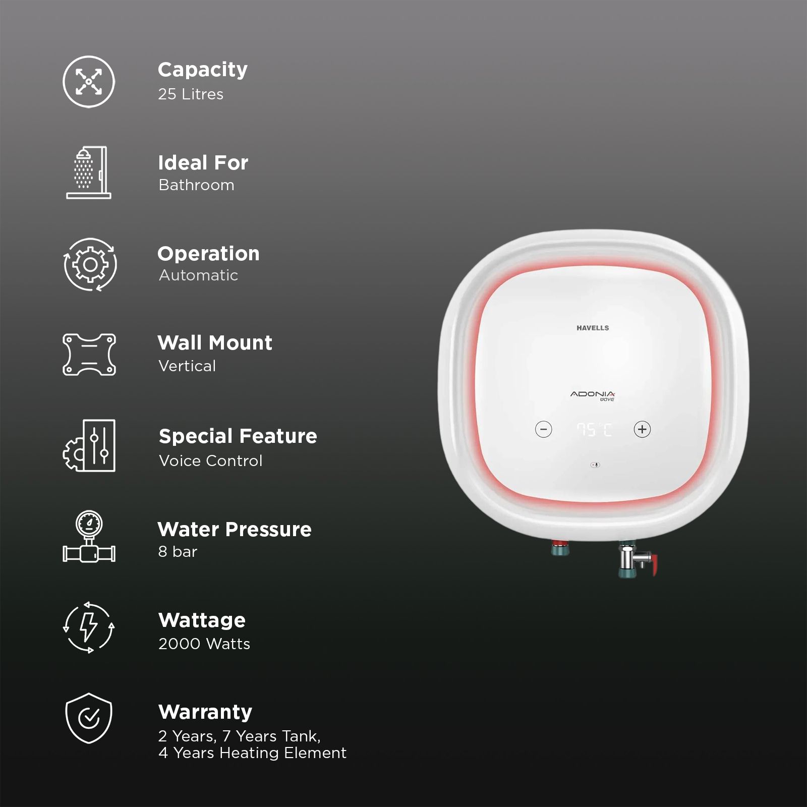 HAVELLS Adonia Wave 25 Litre 4 Star Vertical Storage Geyser with Voice Control (White) HAVELLS Adonia Wave 25 Litre 4 Star Vertical Storage Geyser with Voice Control (White)_3