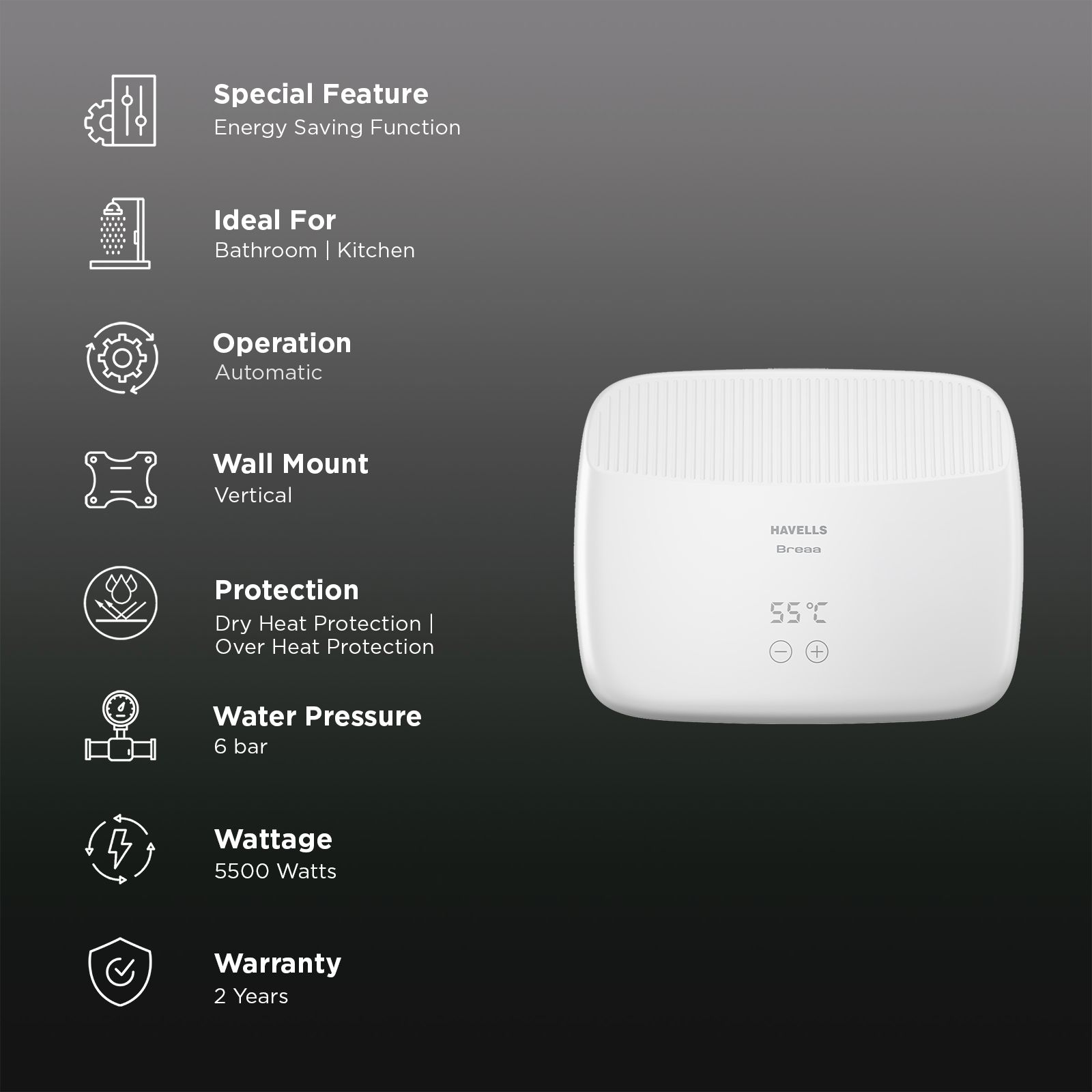HAVELLS Breaa Vertical Tankless Geyser with Smart Digital Control (White) HAVELLS Breaa Vertical Tankless Geyser with Smart Digital Control (White)_3