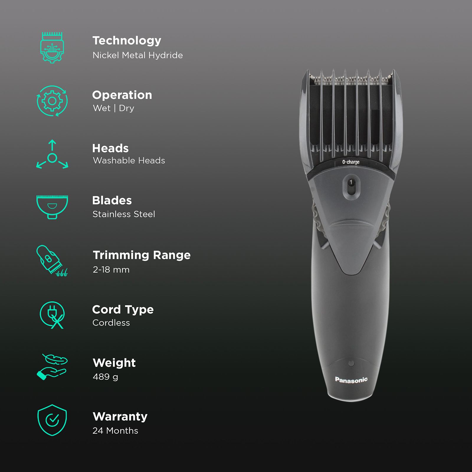 Panasonic ER207 Rechargeable Corded & Cordless Dry Trimmer for Hair, Beard & Moustache with 12 Length Settings for Men (40mins Runtime, Japanese Blade Technology, Black)_2