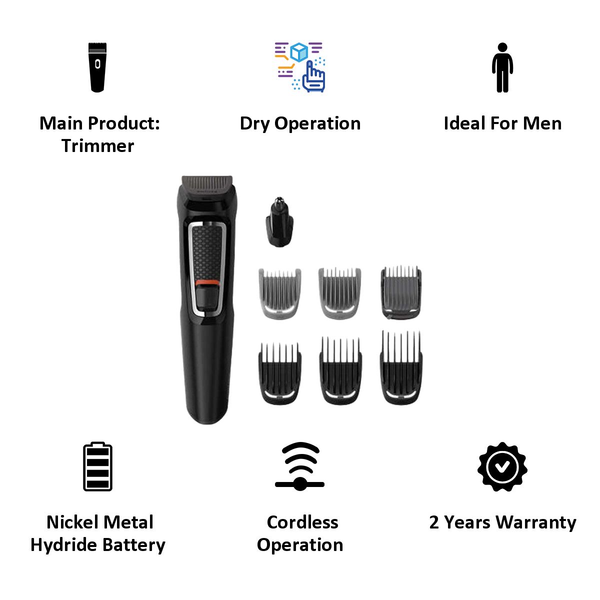 PHILIPS Multigroom Series 3000 8-in-1 Cordless Grooming Kit for Face and Hair for Men (60mins Runtime, Nickel Metal Hydride Battery, Black) PHILIPS Multigroom Series 3000 8-in-1 Cordless Grooming Kit for Face and Hair for Men (60mins Runtime, Nickel Metal Hydride Battery, Black)_4