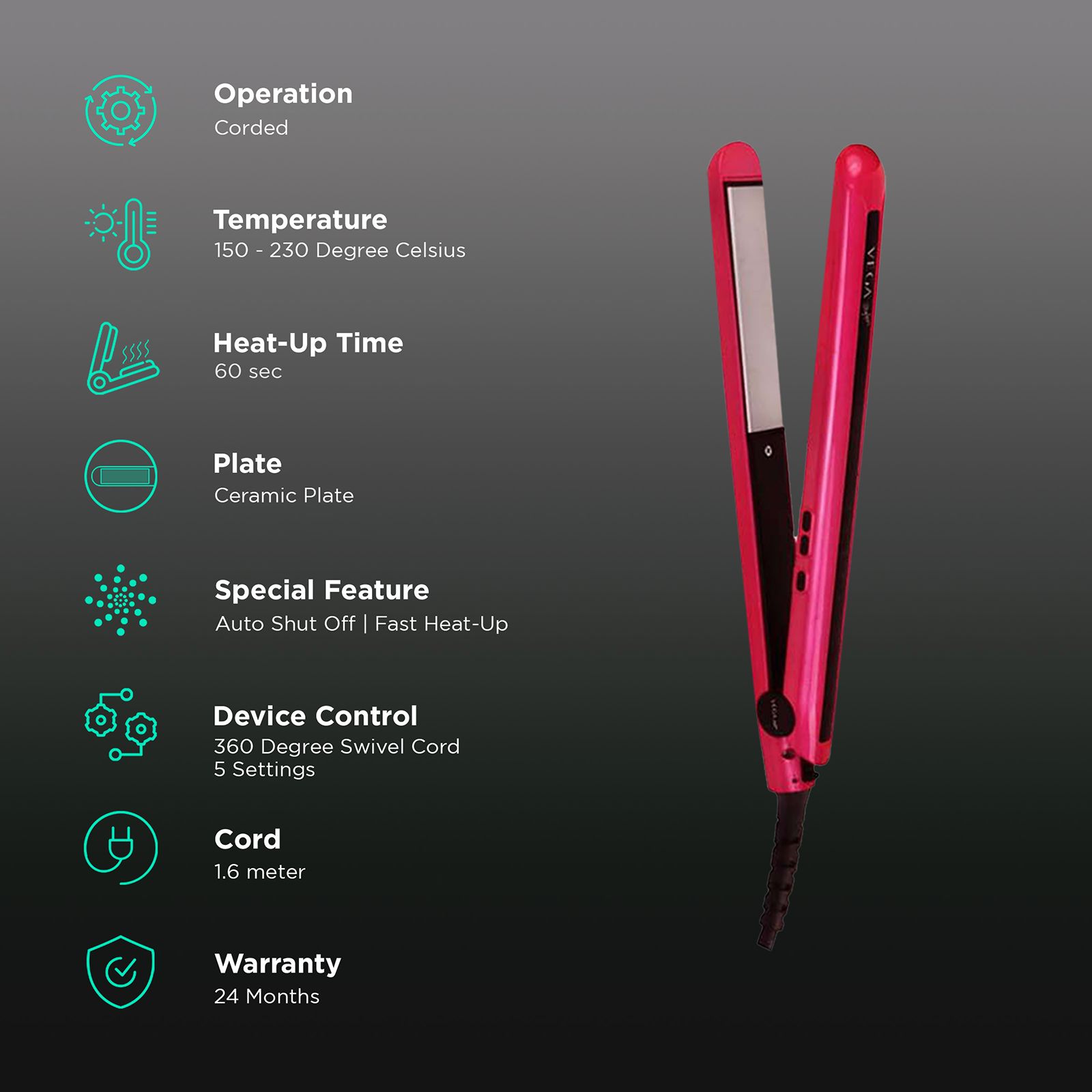 VEGA Trendy Hair Straightener with LED Indicator (Ceramic Plates, Magenta)_3
