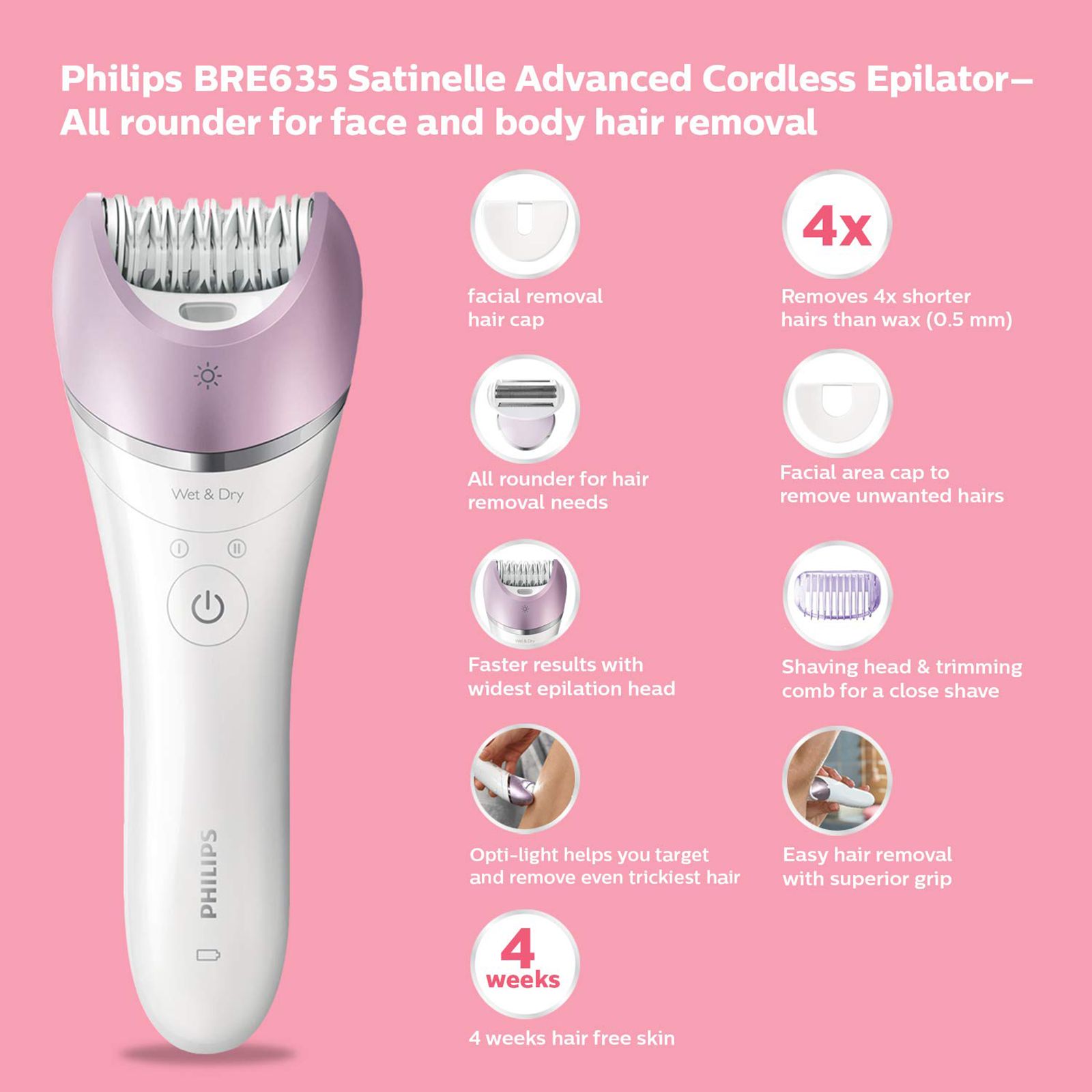 PHILIPS Satinelle Advanced Wet and Dry Epilator for Face and Body with 5 Interchangeable Heads (Washable Heads, White) PHILIPS Satinelle Advanced Wet and Dry Epilator for Face and Body with 5 Interchangeable Heads (Washable Heads, White)_11