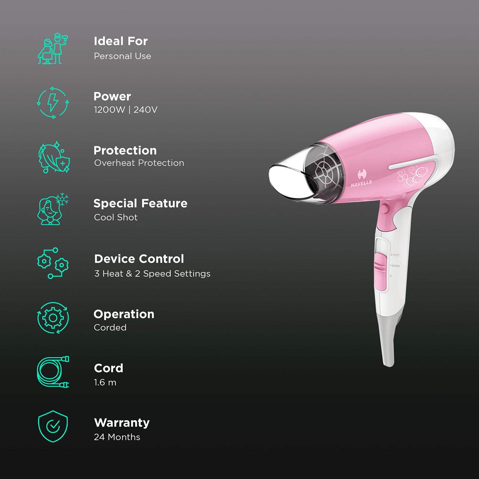 HAVELLS HD3152 Hair Dryer with 3 Heat Settings & Cool Shot (Heat Balance Technology, Pink) HAVELLS HD3152 Hair Dryer with 3 Heat Settings & Cool Shot (Heat Balance Technology, Pink)_2