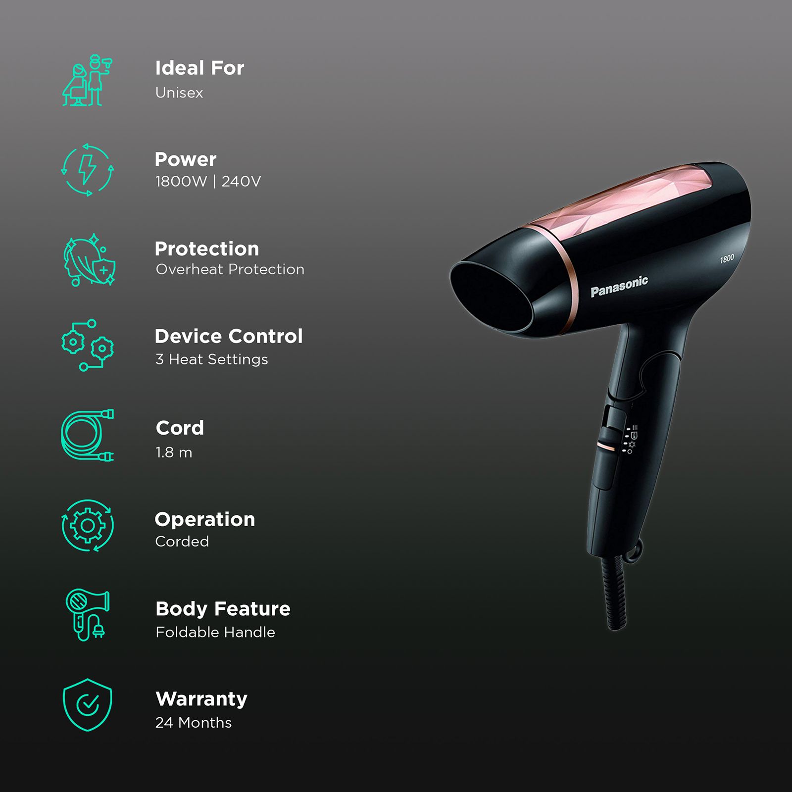 Panasonic Hair Dryer with 3 Heat Settings (Overheat Protection, Black) Panasonic Hair Dryer with 3 Heat Settings (Overheat Protection, Black)_2