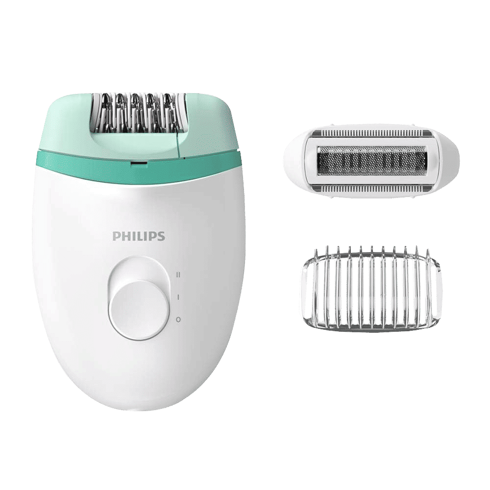 PHILIPS Satinelle Essential Corded Wet & Dry Epilator for Arms, Legs & Intimate Areas with 2 Interchangeable Heads (Efficient Epilation System, White & Green)_1