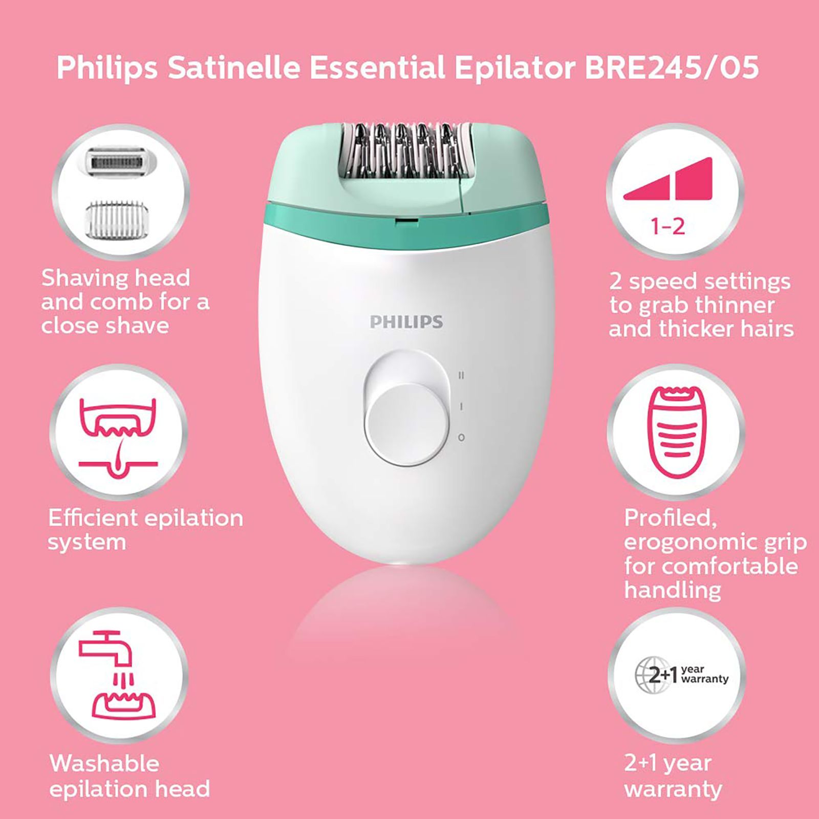 PHILIPS Satinelle Essential Corded Wet & Dry Epilator for Arms, Legs & Intimate Areas with 2 Interchangeable Heads (Efficient Epilation System, White & Green)_11