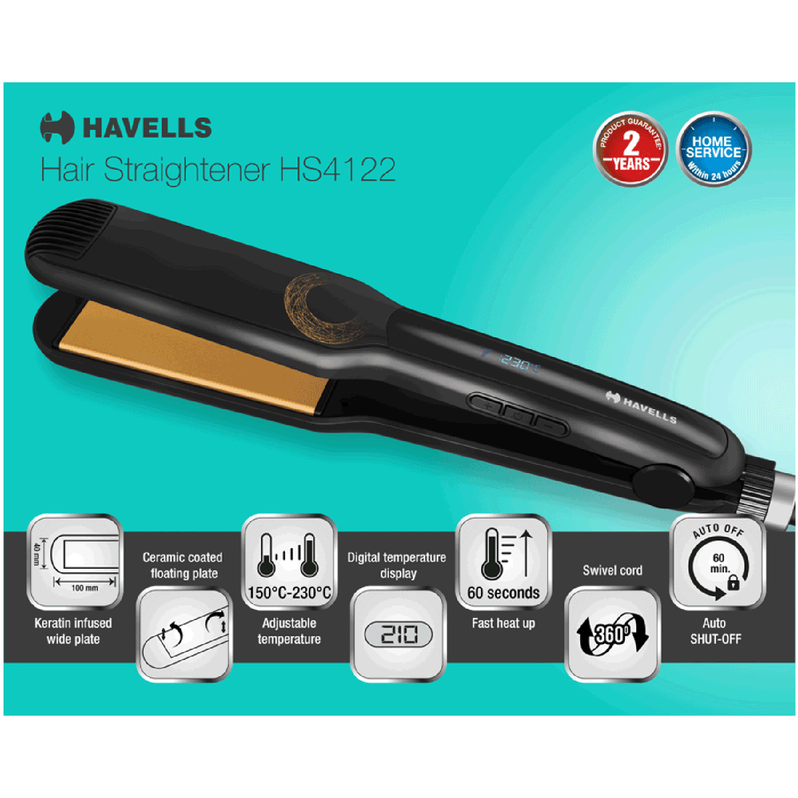 HAVELLS Keratin HS4122 Hair Straightener with Digital Display (Ceramic Plates, Black) HAVELLS Keratin HS4122 Hair Straightener with Digital Display (Ceramic Plates, Black)_6