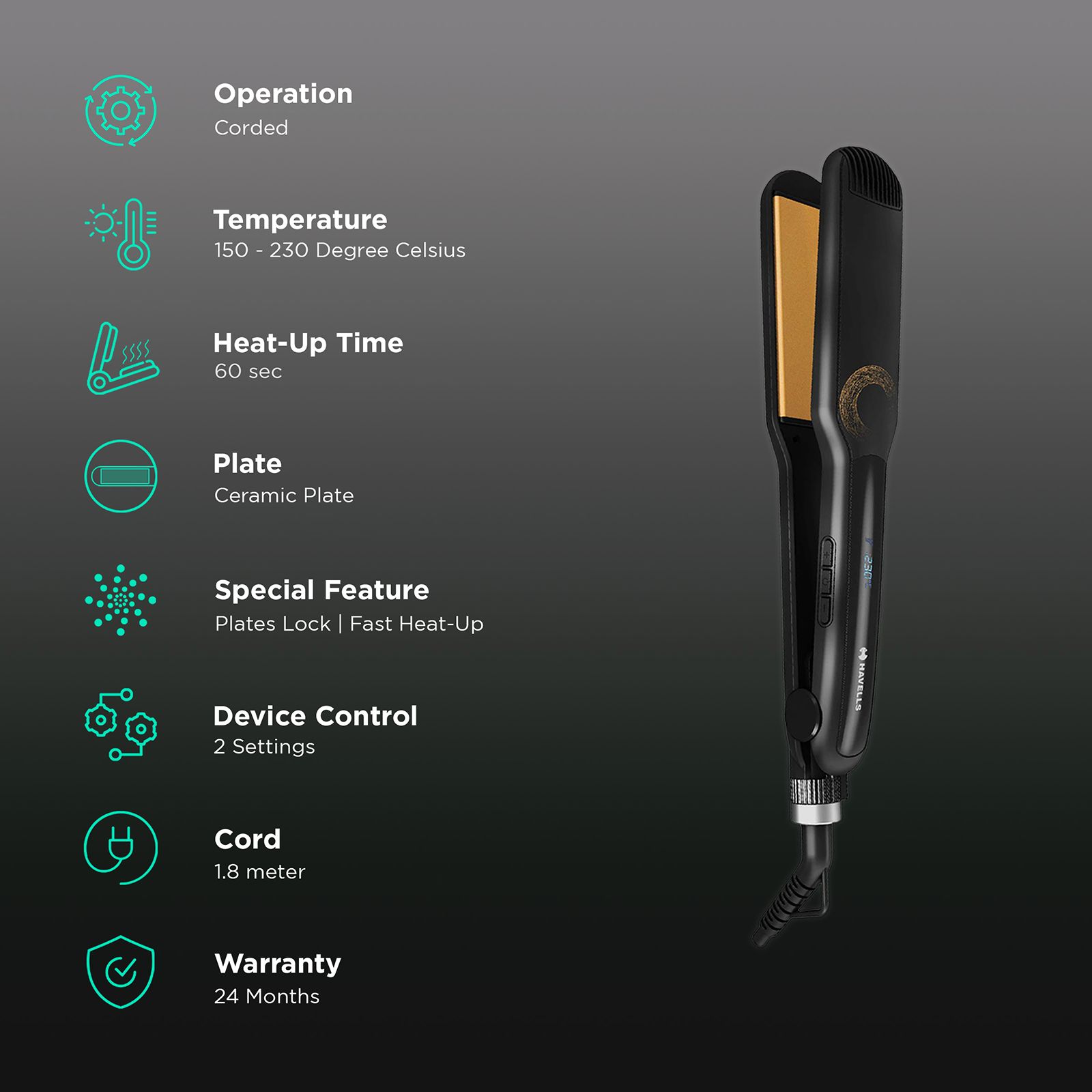 HAVELLS Keratin HS4122 Hair Straightener with Digital Display (Ceramic Plates, Black) HAVELLS Keratin HS4122 Hair Straightener with Digital Display (Ceramic Plates, Black)_3