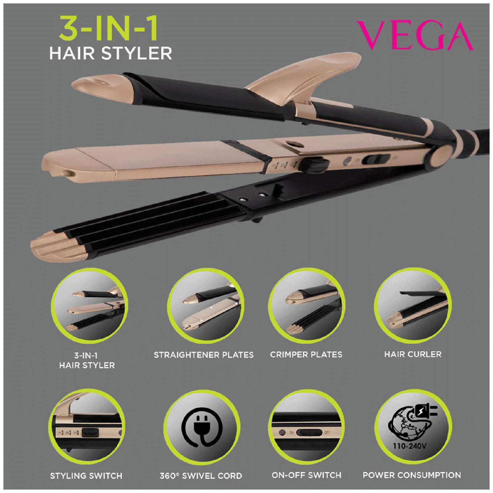 VEGA VHSCC-01 3-in-1 Hair Styler with Ceramic Coating Technology (Easy Lock System, Black & Gold) VEGA VHSCC-01 3-in-1 Hair Styler with Ceramic Coating Technology (Easy Lock System, Black & Gold)_9