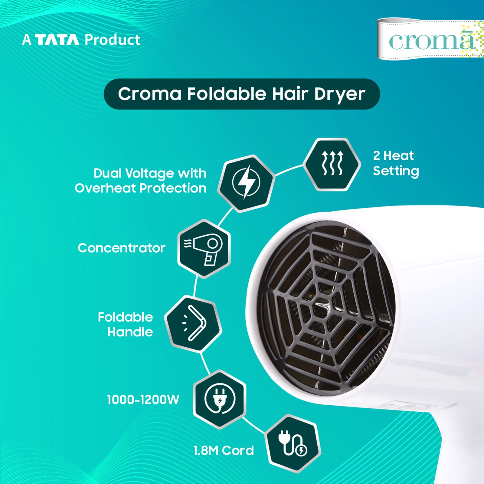 Croma Hair Dryer with 2 Heat Settings (Dual Voltage Knob, White) Croma Hair Dryer with 2 Heat Settings (Dual Voltage Knob, White)_4