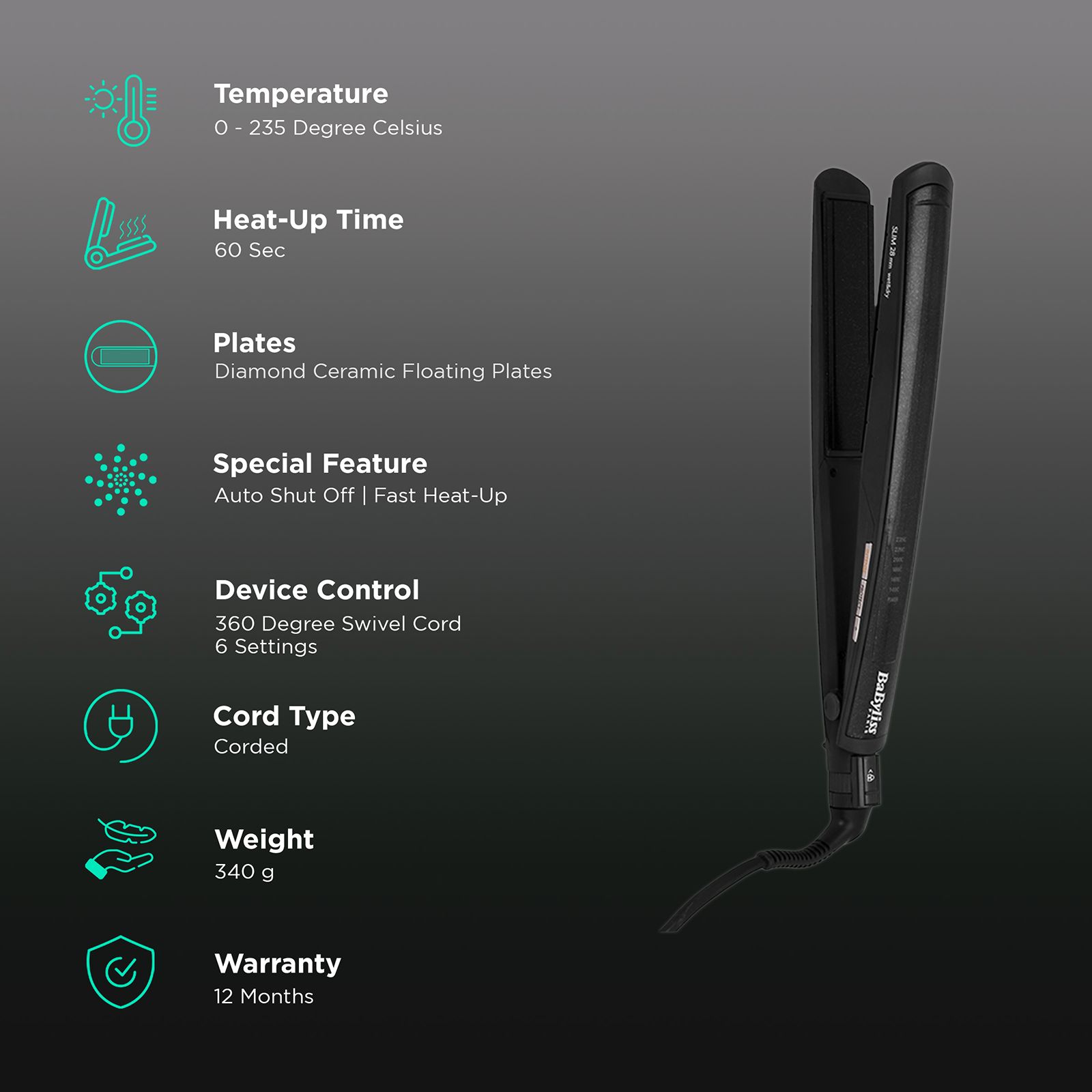 BaByliss Pro200 Hair Straightener with LED Display (Diamond Ceramic Plate, Black) BaByliss Pro200 Hair Straightener with LED Display (Diamond Ceramic Plate, Black)_3
