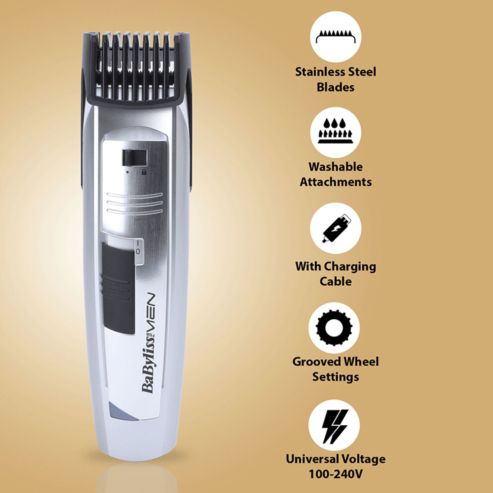 BaByliss E827E Rechargeable Corded & Cordless Wet & Dry Trimmer for Beard & Moustache with 20 Length Settings for Men (60mins Runtime, Grooved Wheel Settings, Silver) BaByliss E827E Rechargeable Corded & Cordless Wet & Dry Trimmer for Beard & Moustache with 20 Length Settings for Men (60mins Runtime, Grooved Wheel Settings, Silver)_7