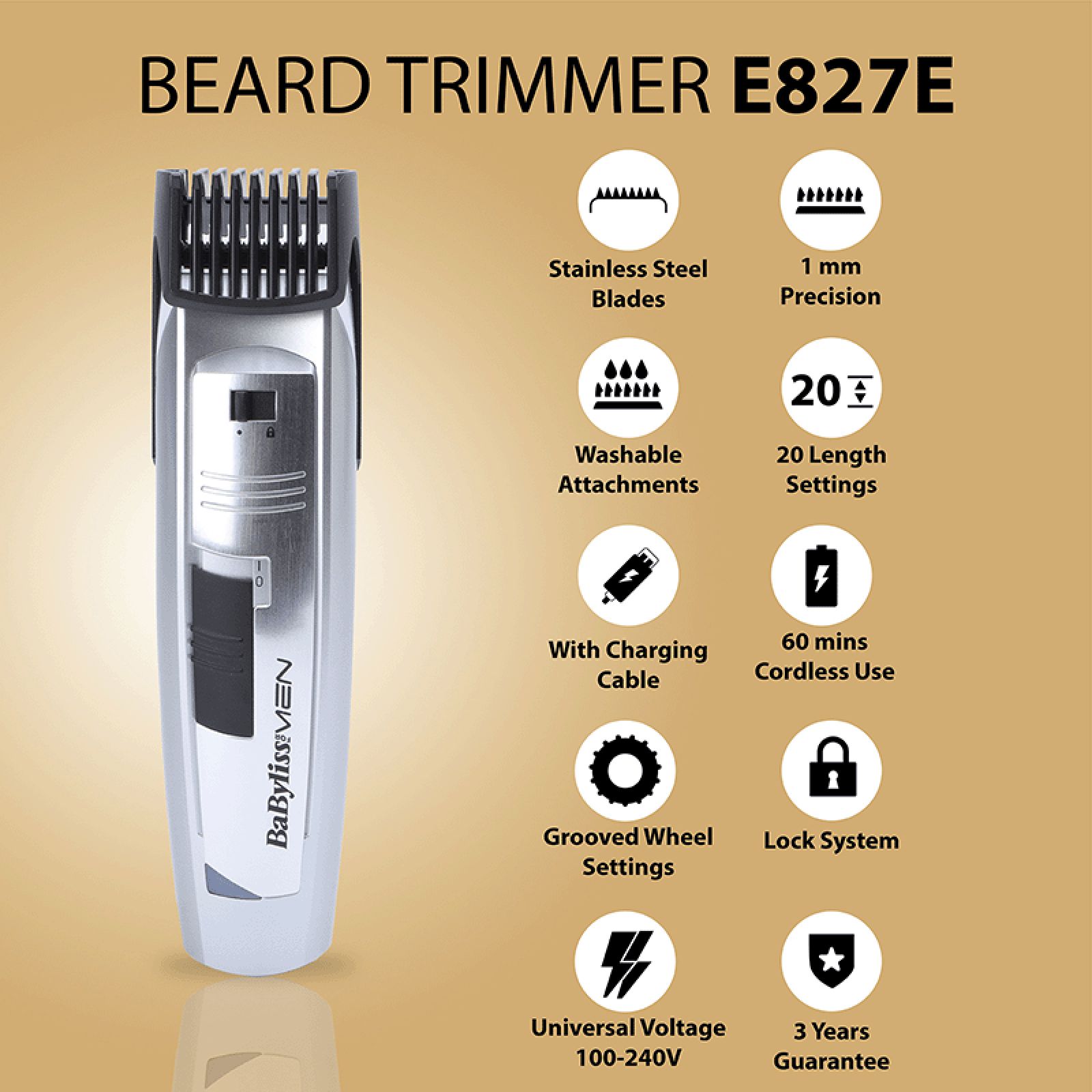 BaByliss E827E Rechargeable Corded & Cordless Wet & Dry Trimmer for Beard & Moustache with 20 Length Settings for Men (60mins Runtime, Grooved Wheel Settings, Silver) BaByliss E827E Rechargeable Corded & Cordless Wet & Dry Trimmer for Beard & Moustache with 20 Length Settings for Men (60mins Runtime, Grooved Wheel Settings, Silver)_8