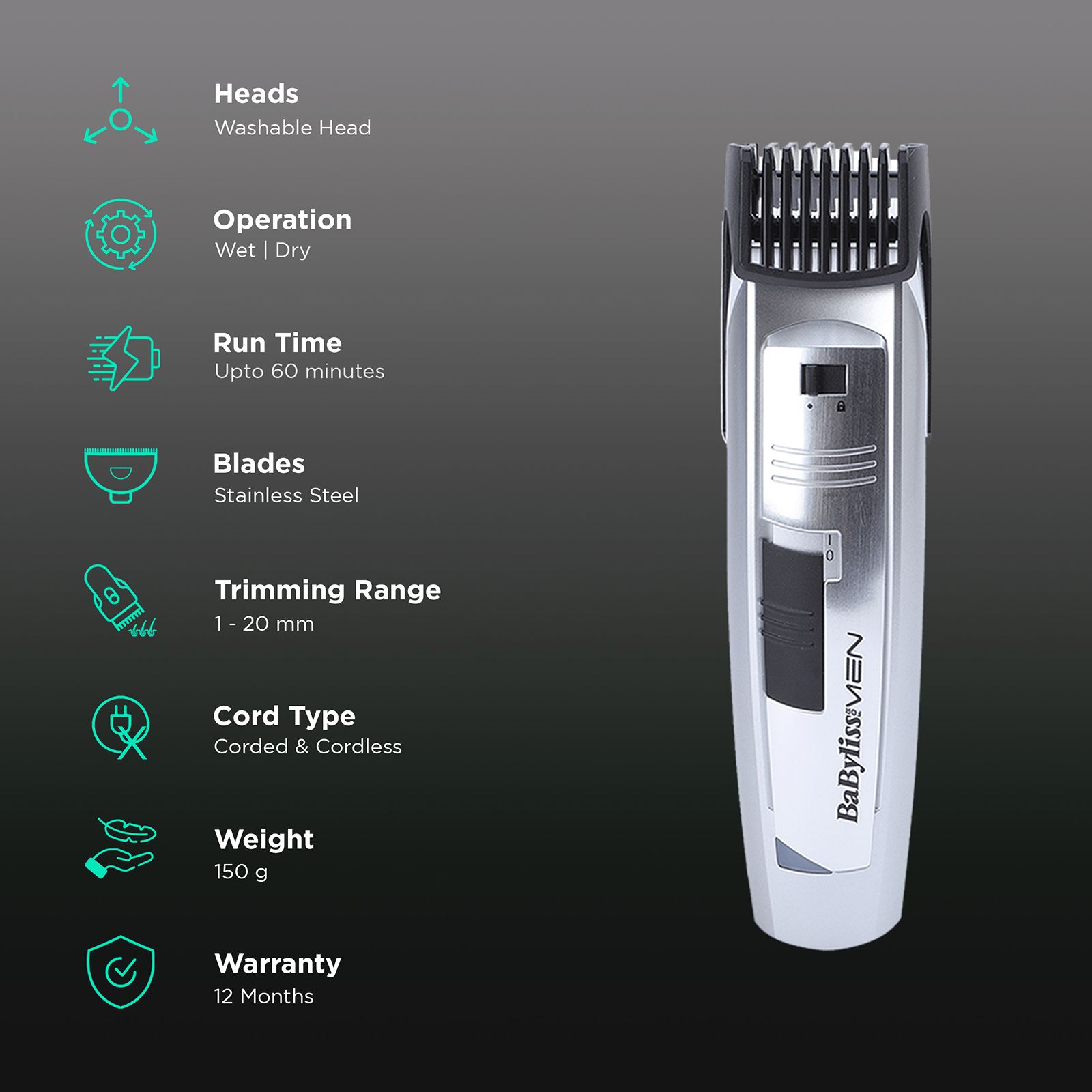 BaByliss E827E Rechargeable Corded & Cordless Wet & Dry Trimmer for Beard & Moustache with 20 Length Settings for Men (60mins Runtime, Grooved Wheel Settings, Silver) BaByliss E827E Rechargeable Corded & Cordless Wet & Dry Trimmer for Beard & Moustache with 20 Length Settings for Men (60mins Runtime, Grooved Wheel Settings, Silver)_2