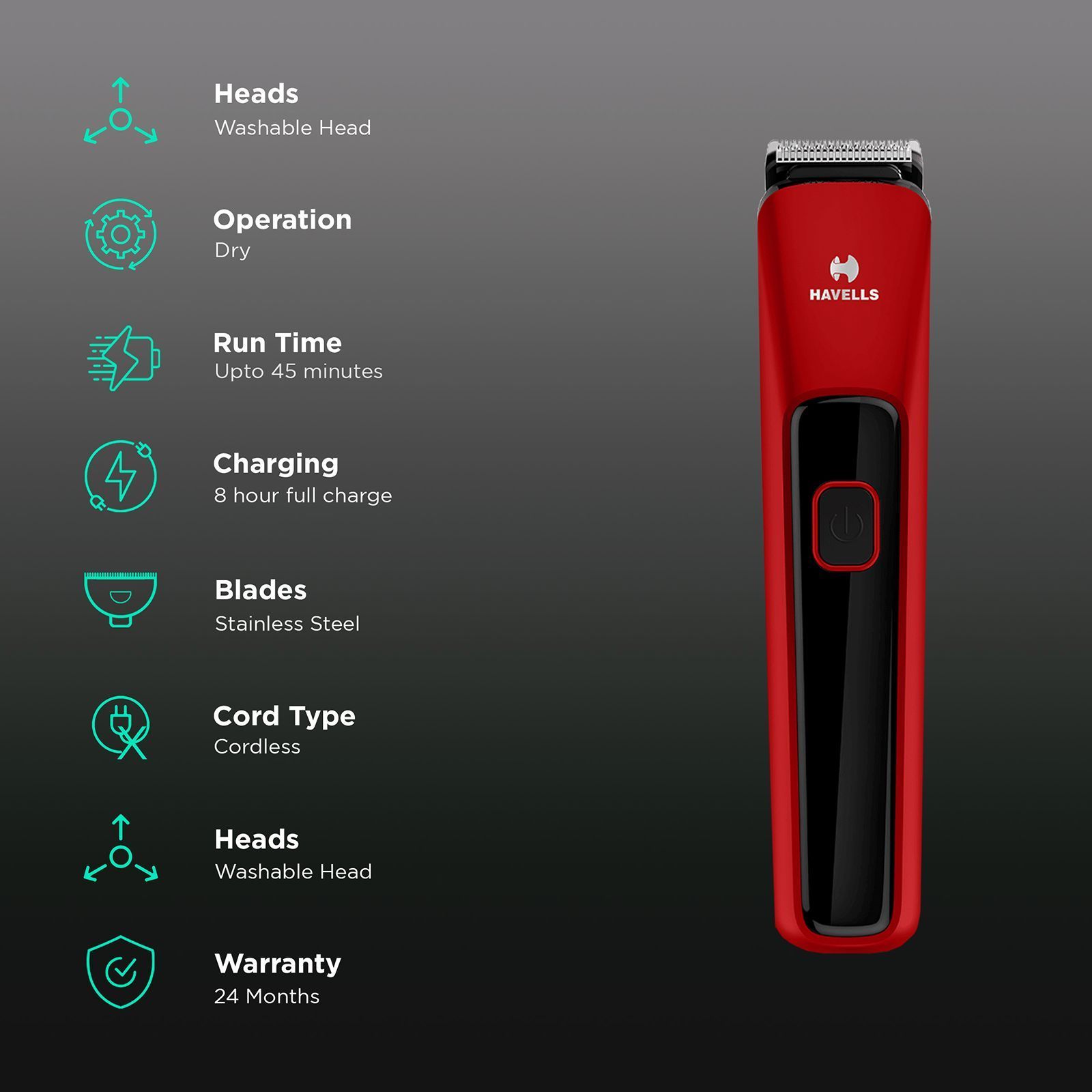 HAVELLS BT5111C Rechargeable Cordless Dry Trimmer for Beard & Moustache with 5 Length Settings for Men (45mins Runtime, LED Indicator, Red) HAVELLS BT5111C Rechargeable Cordless Dry Trimmer for Beard & Moustache with 5 Length Settings for Men (45mins Runtime, LED Indicator, Red)_2