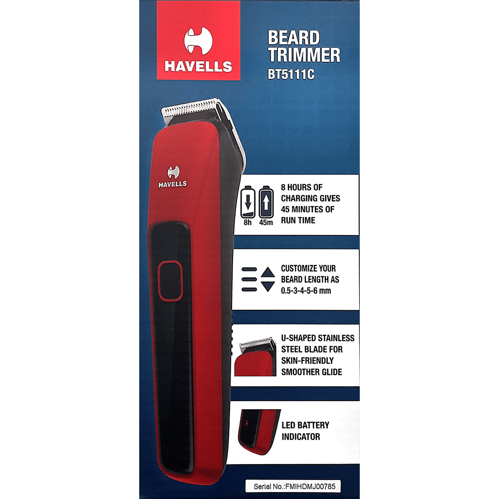 HAVELLS BT5111C Rechargeable Cordless Dry Trimmer for Beard & Moustache with 5 Length Settings for Men (45mins Runtime, LED Indicator, Red) HAVELLS BT5111C Rechargeable Cordless Dry Trimmer for Beard & Moustache with 5 Length Settings for Men (45mins Runtime, LED Indicator, Red)_5