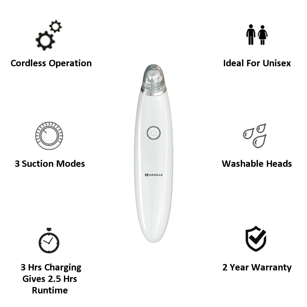 HAVELLS Skin Care Cordless 4-in-1 Pore Cleanser (3 Suction Modes, SC5060, White)_5
