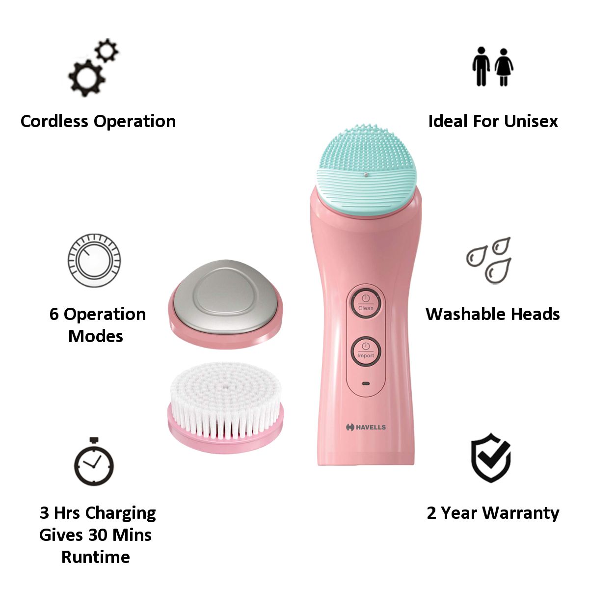 HAVELLS Skin Care Cordless 2-in-1 Facial Cleanser (6 Operation Modes, SC5070, Pink)_5