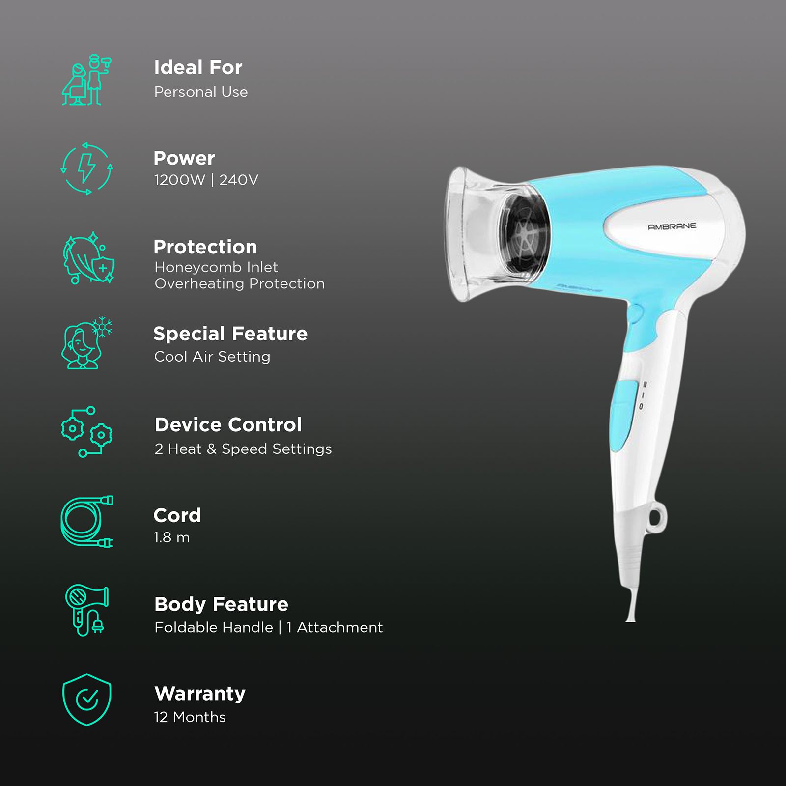 ambrane AHD-11 Hair Dryer with 2 Heat Settings & Cool Air Function (Overheat Protection, White & Blue) ambrane AHD-11 Hair Dryer with 2 Heat Settings & Cool Air Function (Overheat Protection, White & Blue)_2