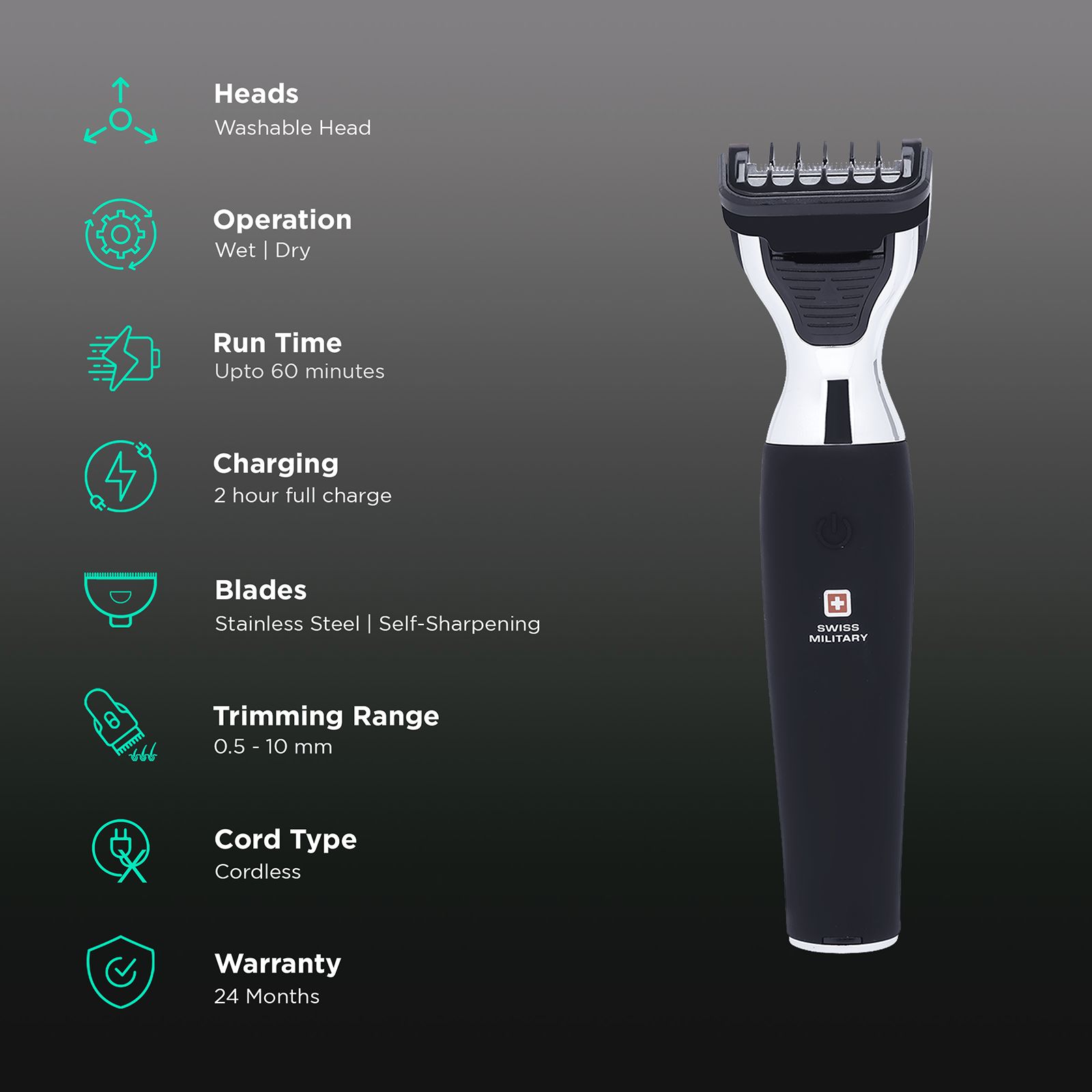 SWISS MILITARY DT-500 Cordless Wet & Dry Trimmer for Beard & Moustache with 20 Length Settings for Men (60mins Runtime, Fast Charging, Black) SWISS MILITARY DT-500 Cordless Wet & Dry Trimmer for Beard & Moustache with 20 Length Settings for Men (60mins Runtime, Fast Charging, Black)_2