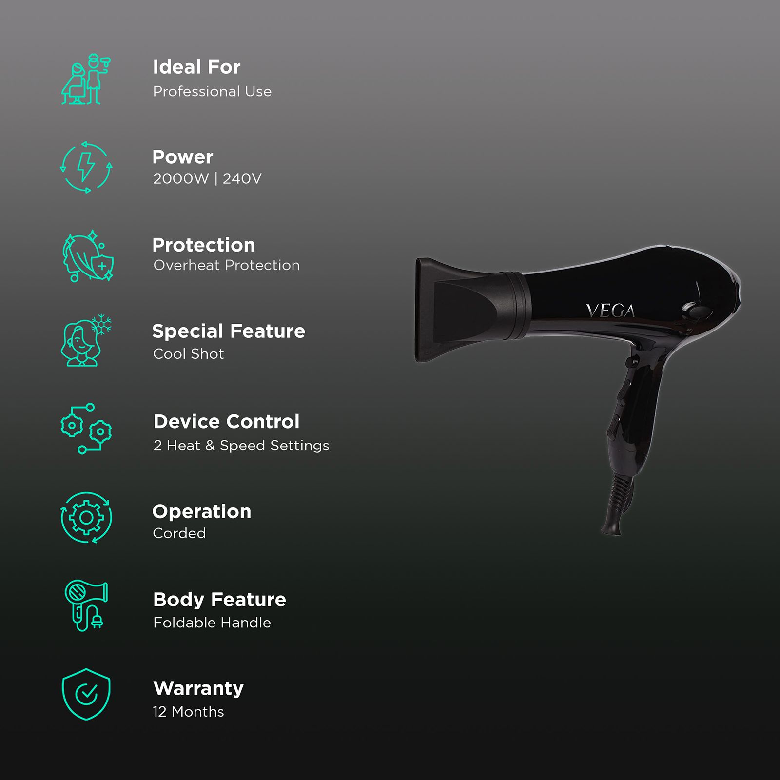 VEGA Pro Touch Hair Dryer with 2 Heat Settings (Overheat Protection, Black) VEGA Pro Touch Hair Dryer with 2 Heat Settings (Overheat Protection, Black)_2