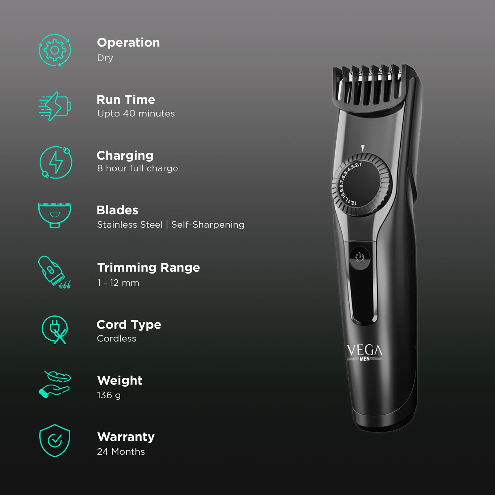 VEGA T1 Rechargeable Cordless Dry Trimmer for Beard & Moustache with 23 Length Settings for Men (40mins Runtime, Easy Rotating Wheel, Black) VEGA T1 Rechargeable Cordless Dry Trimmer for Beard & Moustache with 23 Length Settings for Men (40mins Runtime, Easy Rotating Wheel, Black)_2