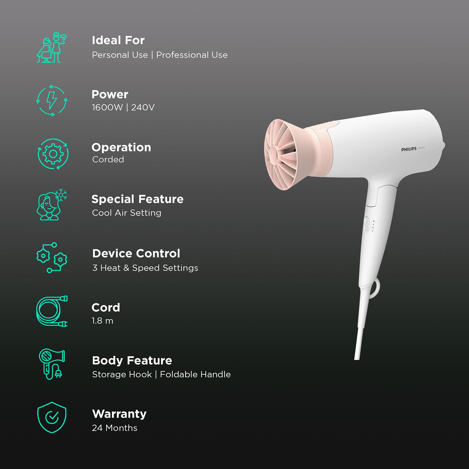 PHILIPS 3000 Series Hair Dryer with 3 Heat Settings & Cool Air Function (Thermo Protect Technology, White & Pink) PHILIPS 3000 Series Hair Dryer with 3 Heat Settings & Cool Air Function (Thermo Protect Technology, White & Pink)_2