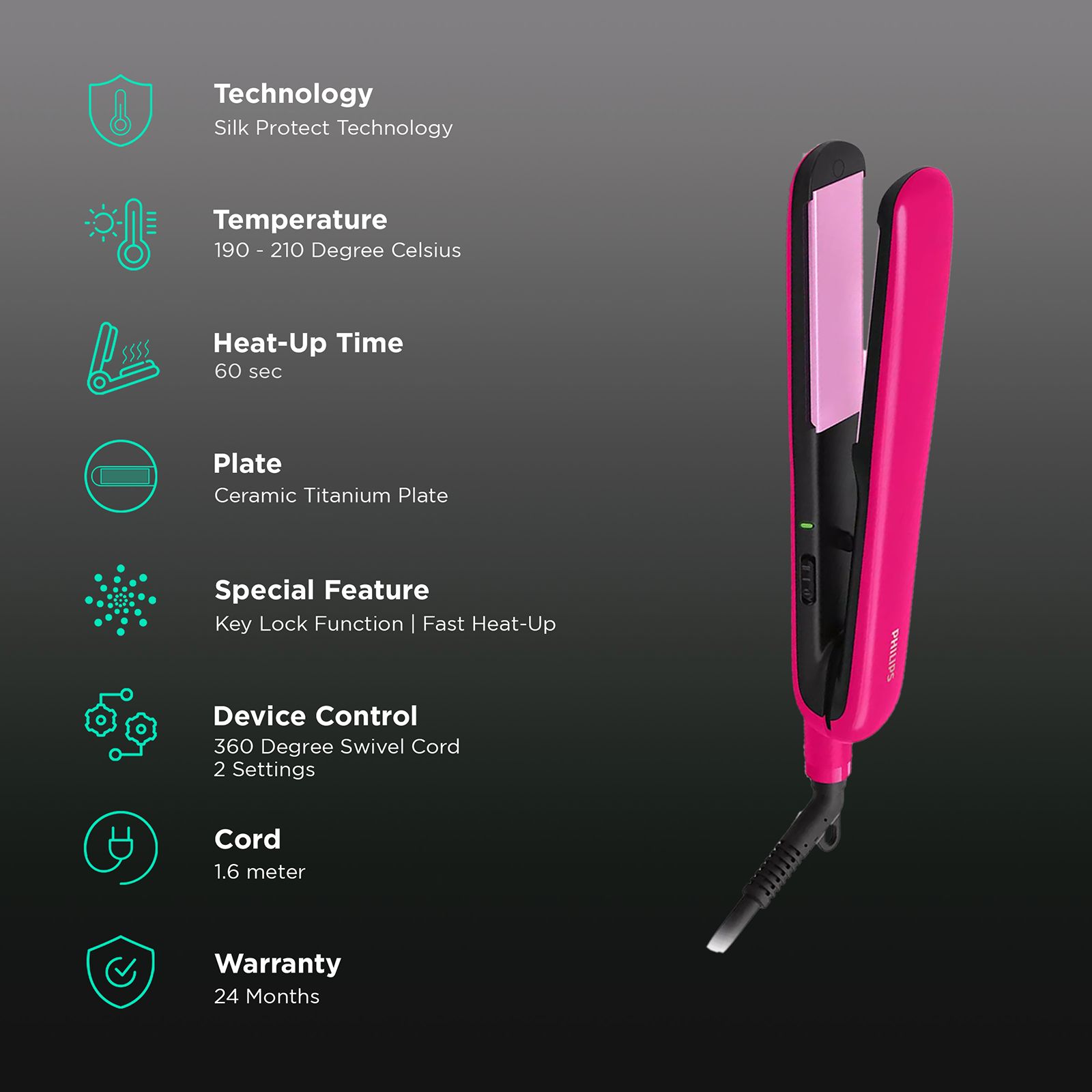 PHILIPS 2000 Hair Straightener with Silk Protect Technology (Ceramic Titanium Plates, Bright Pink) PHILIPS 2000 Hair Straightener with Silk Protect Technology (Ceramic Titanium Plates, Bright Pink)_3