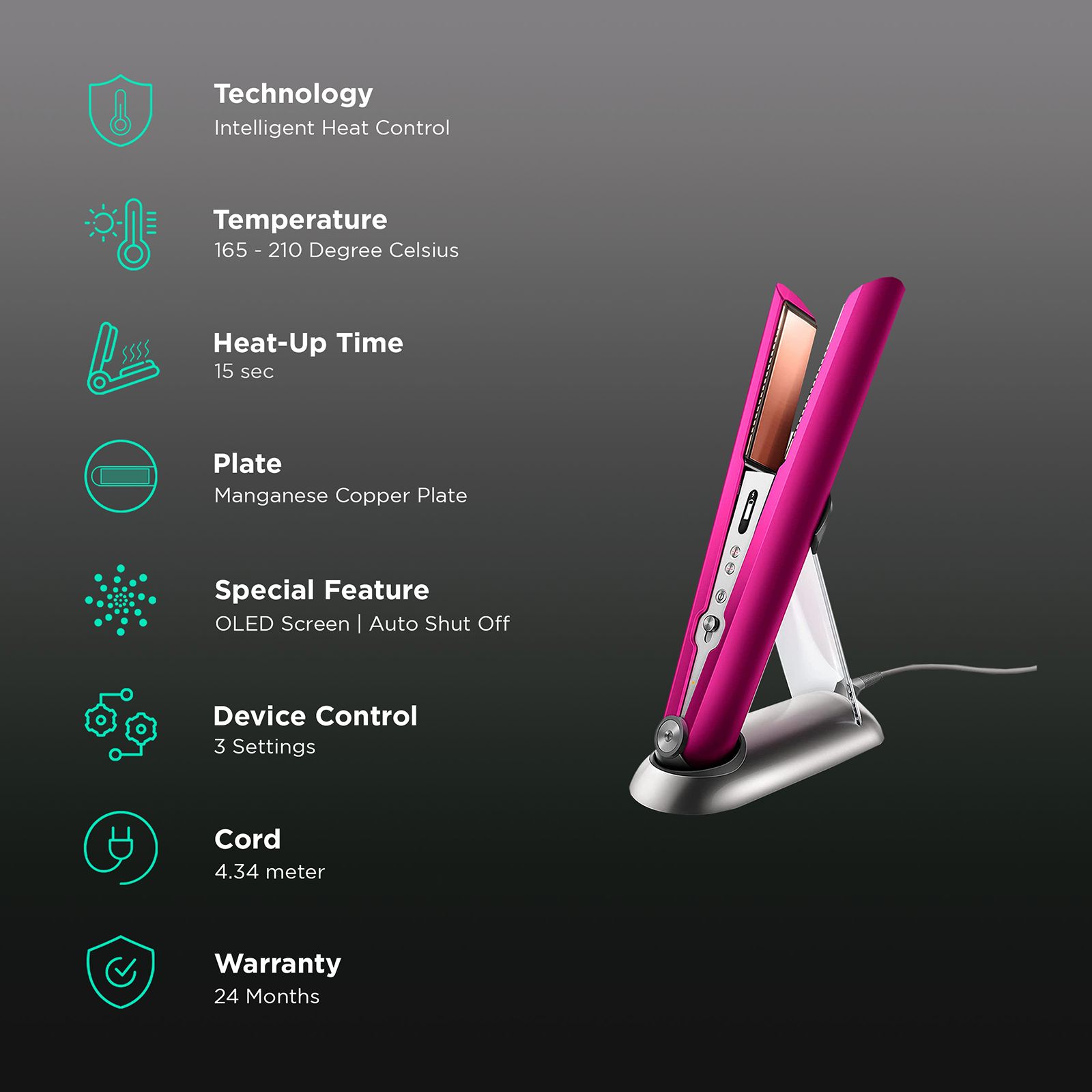 dyson Corrale Rechargeable Hair Straightener with Intelligent Heat Control (Manganese Copper Plates, Bright Fuchsia & Bright Nickel)_3