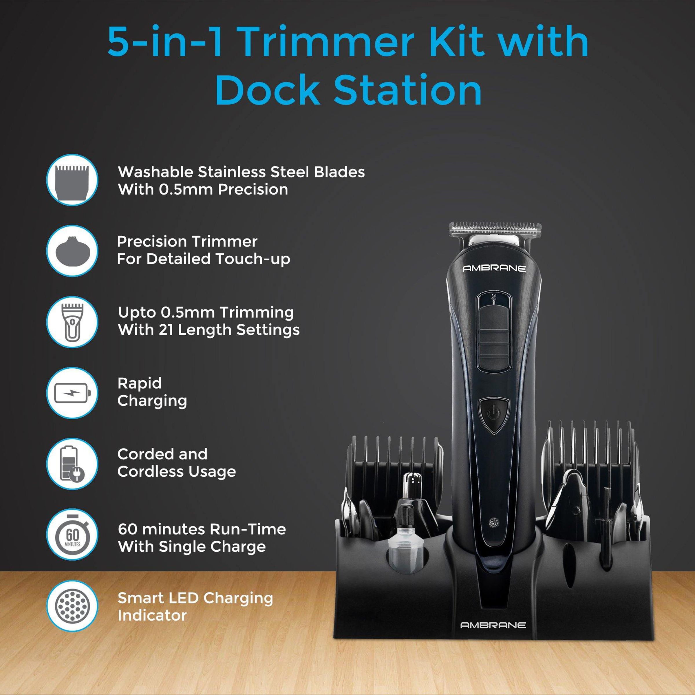 ambrane Cruiser 5-in-1 Rechargeable Cordless Grooming Kit for Face & Body for Men (60mins Runtime, Rapid Charging, Black)_5