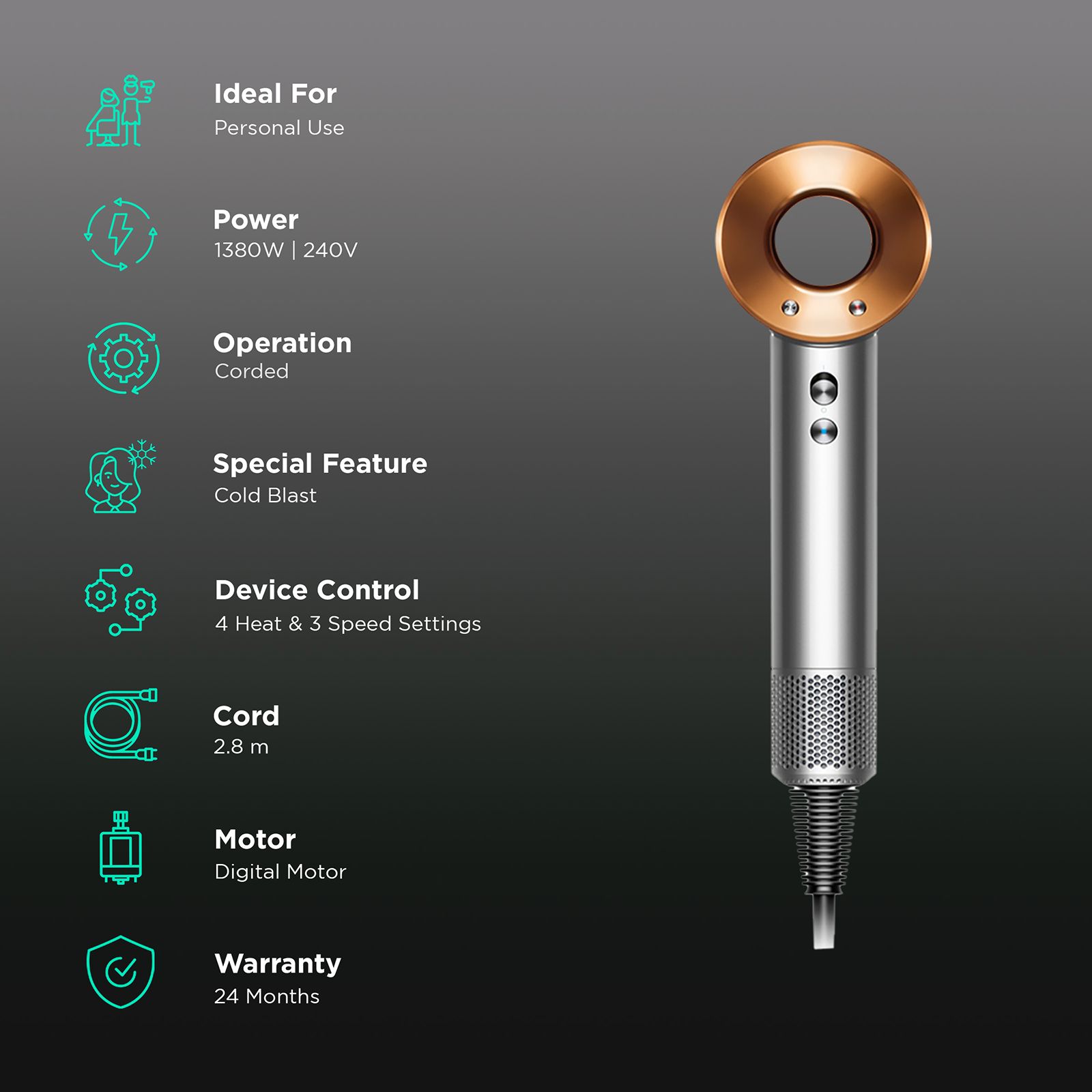 dyson Supersonic Hair Dryer with 4 Heat Settings & Cold Blast (Air Multiplier Technology, Nickel & Copper) dyson Supersonic Hair Dryer with 4 Heat Settings & Cold Blast (Air Multiplier Technology, Nickel & Copper)_2