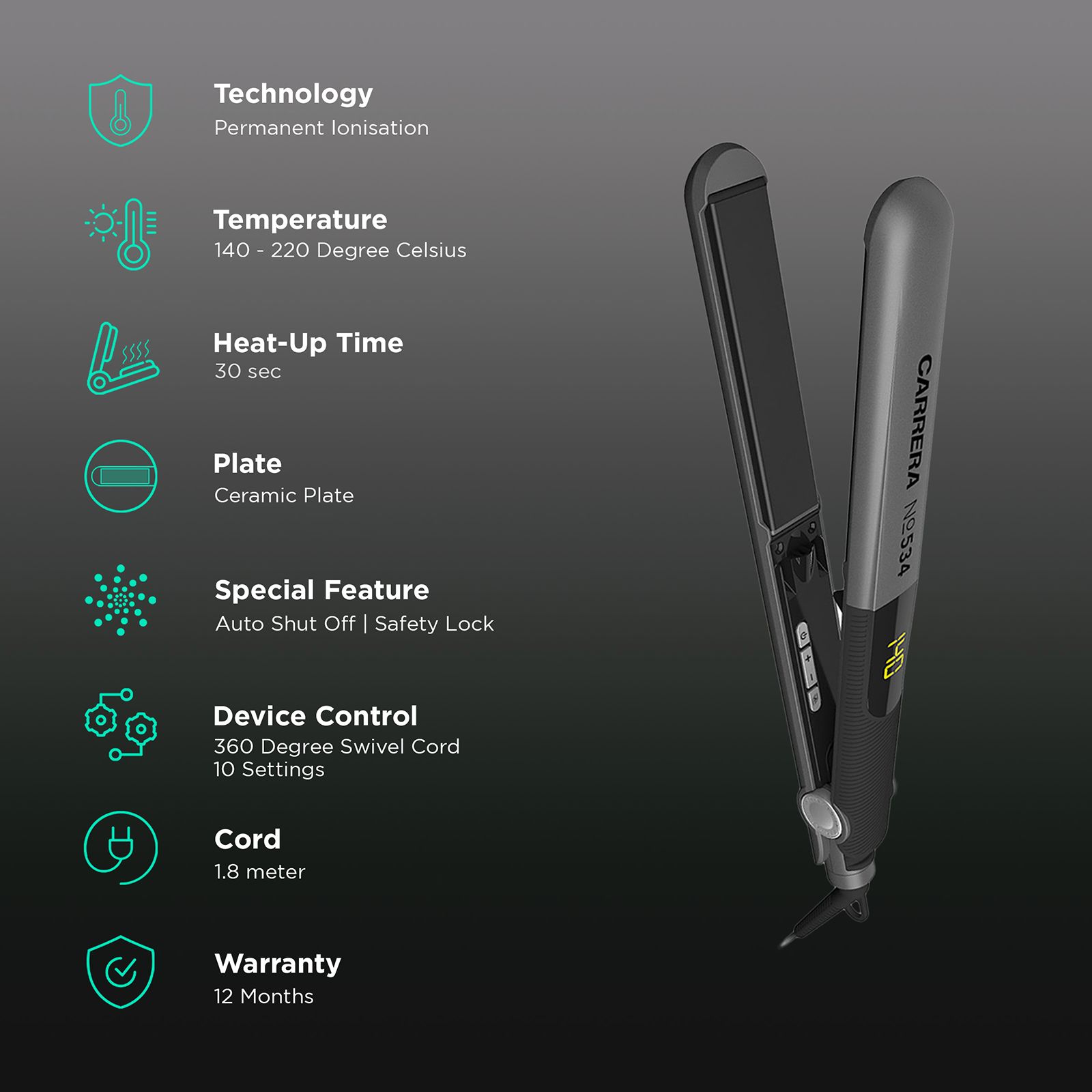 CARRERA Professional Hair Straightener with Permanent Ionisation (Ceramic Plates, Grey) CARRERA Professional Hair Straightener with Permanent Ionisation (Ceramic Plates, Grey)_3