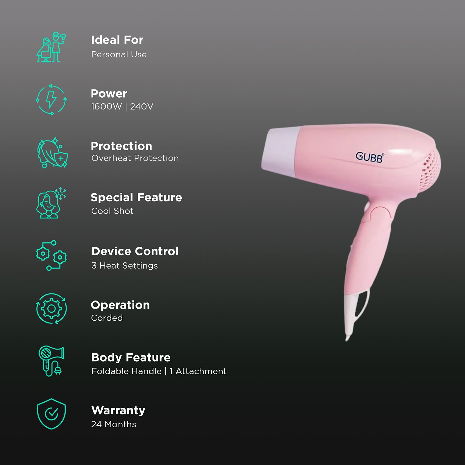 GUBB GB-163 Hair Dryer with 3 Heat Settings & Cool Shot (Overheat Protection, Pink) GUBB GB-163 Hair Dryer with 3 Heat Settings & Cool Shot (Overheat Protection, Pink)_2