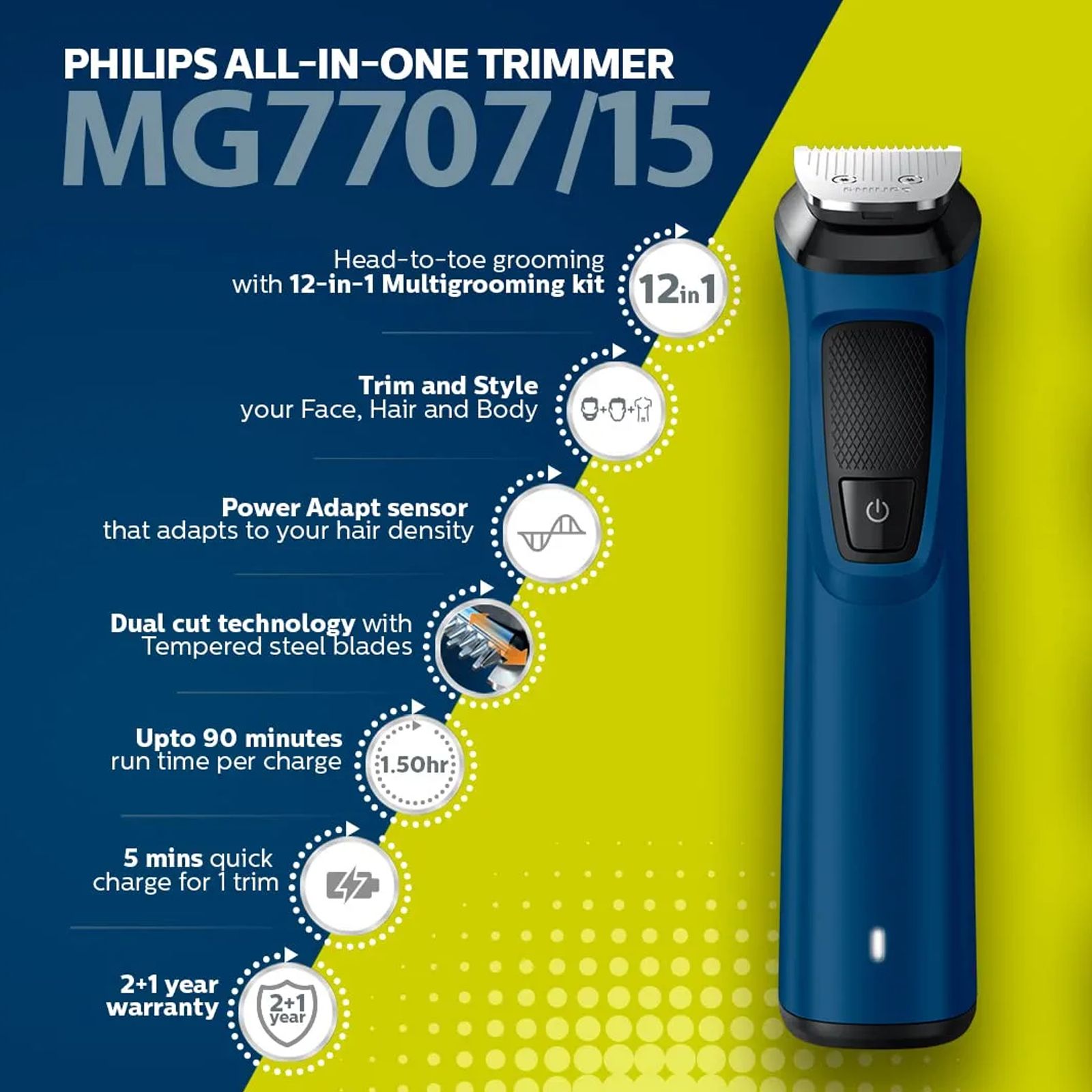 PHILIPS Series 7000 12-in-1 Rechargeable Cordless Grooming Kit for Face, Hair & Body for Men (90min Runtime, DualCut Technology, Blue) PHILIPS Series 7000 12-in-1 Rechargeable Cordless Grooming Kit for Face, Hair & Body for Men (90min Runtime, DualCut Technology, Blue)_5