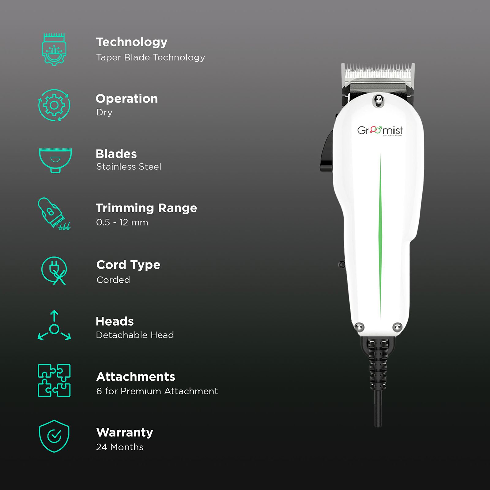 Groomiist Professional Series Corded Dry Trimmer for Body Grooming, Hair Clipping, Beard & Moustache with 6 Length Settings for Men (Durable Long-Lasting Motor, White & Black) Groomiist Professional Series Corded Dry Trimmer for Body Grooming, Hair Clipping, Beard & Moustache with 6 Length Settings for Men (Durable Long-Lasting Motor, White & Black)_2