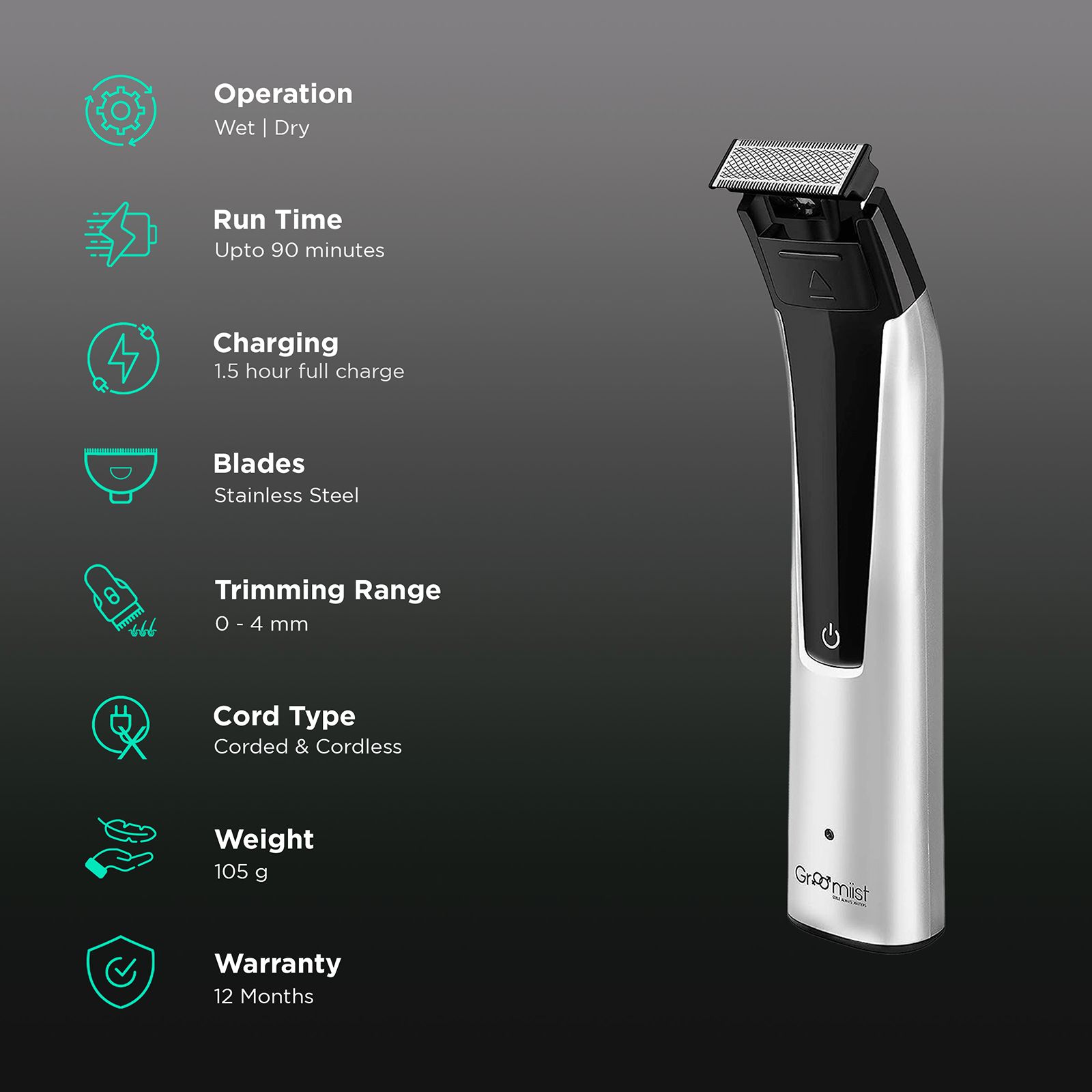 Groomiist Copper Series Rechargeable Corded & Cordless Wet & Dry Trimmer for Hair Clipping, Beard & Moustache for Men (90min Runtime, IPX6 Waterproof, Silver & Black)_2