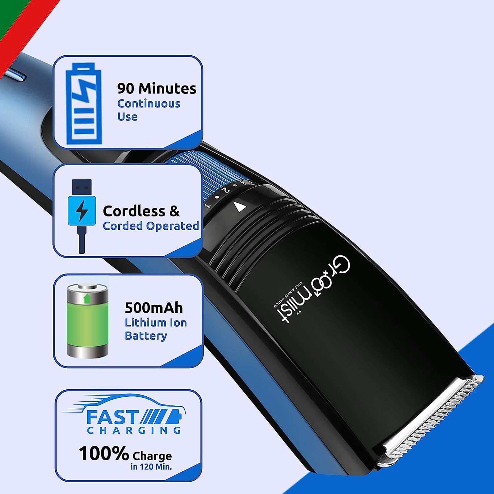 Groomiist Copper Series Rechargeable Corded & Cordless Wet & Dry Trimmer for Beard & Moustache with 20 Length Settings for Men (90min Runtime, LED Indicator, Black & Blue)_4